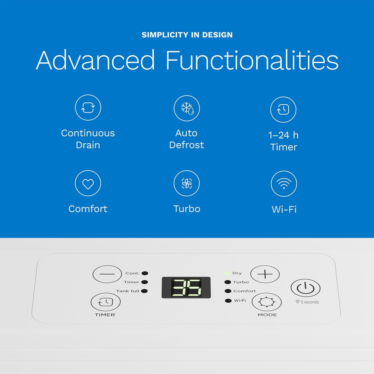 SIMPLICITY IN DESIGN
Advanced Functionalities
Continuous Drain
Auto Defrost
1-24 h Timer
Comfort
Turbo
Wi-Fi
Cont.
Dry
Timer
Turbo
Tank full
Comfort
Wi-Fi
R 5 seconds
TIMER
MODE
