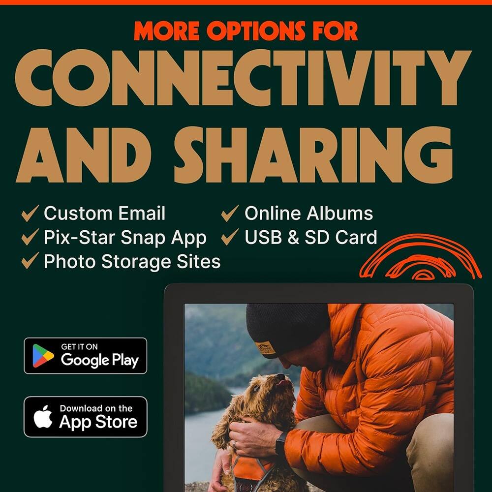 MORE OPTIONS FOR CONNECTIVITY AND SHARING

- Custom Email
- Pix-Star Snap App
- Photo Storage Sites
- Online Albums
- USB & SD Card

GET IT ON Google Play

Download on the App Store