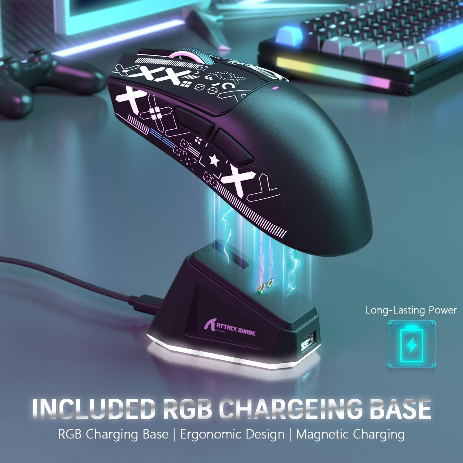 Sure, here is the corrected and grouped text from the image:

---

**ATTRCK SHARK**

**INCLUDED RGB CHARGING BASE**

- RGB Charging Base
- Ergonomic Design
- Magnetic Charging

**Long-Lasting Power**

---