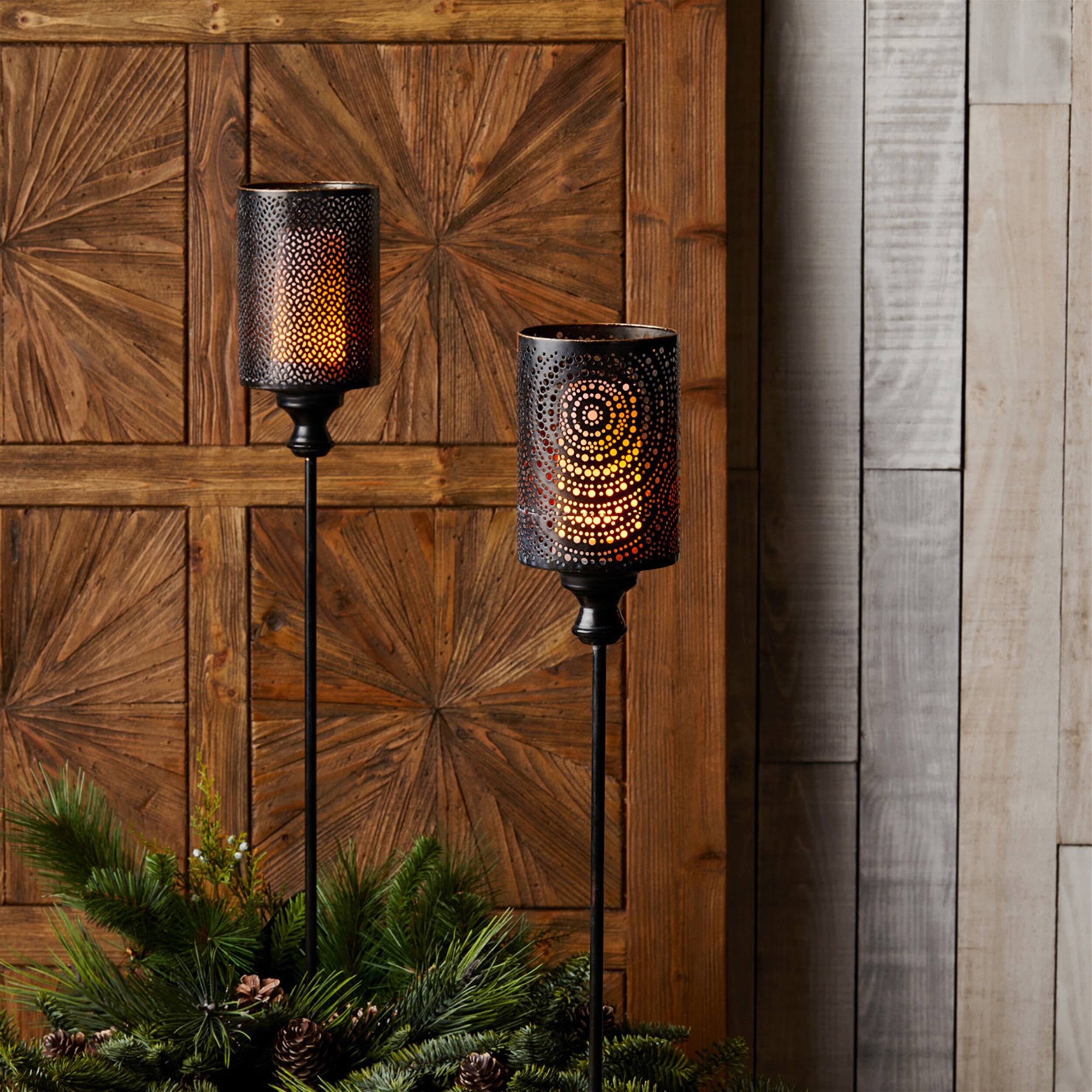 Angle. BreeBe - Black Punched Metal Candle Holder Garden Stake (Set of 4) - Black, Gold.