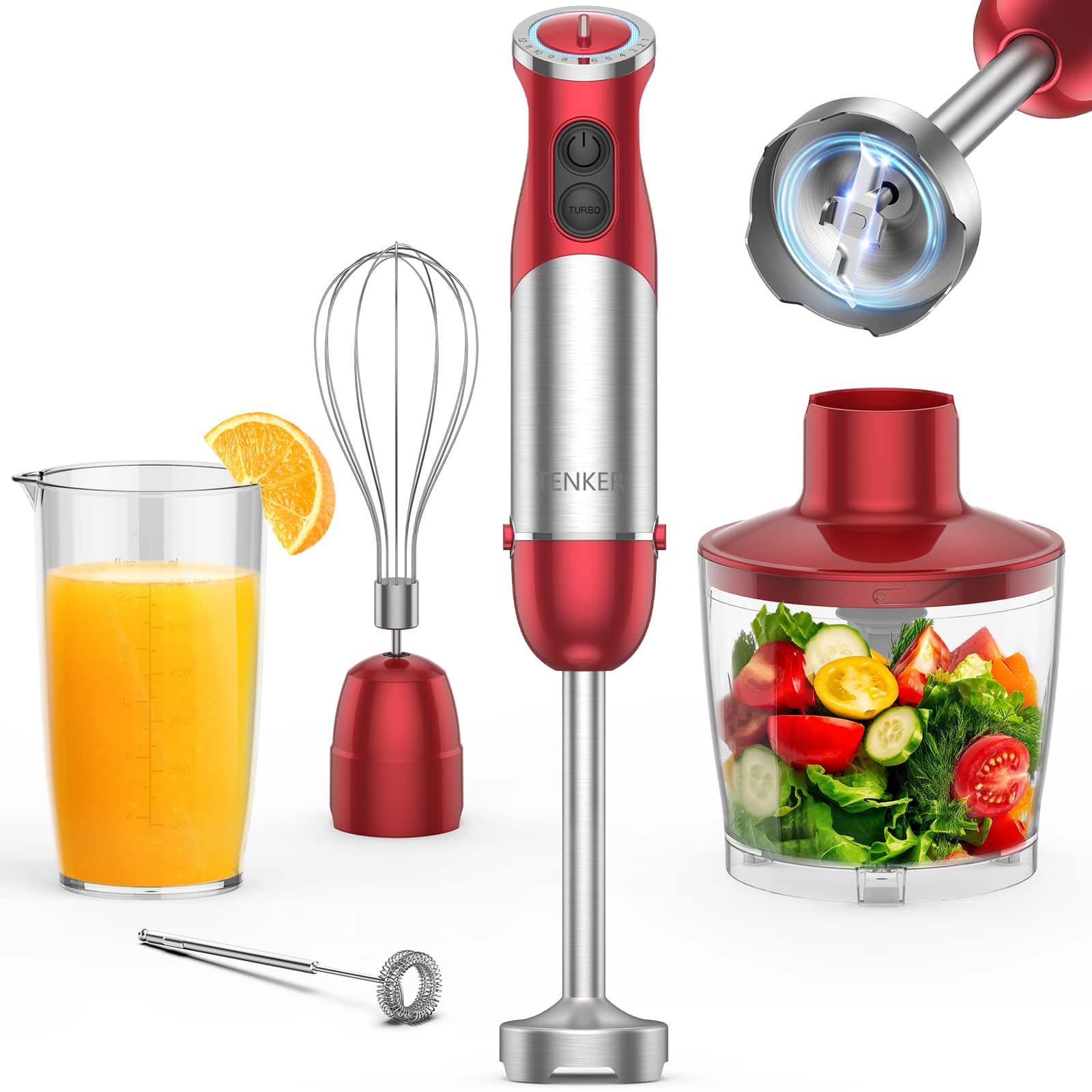 ZACHVO - 5-in-1 12-Speed Immersion Blender, 400 W Turbo Stick with Chopper, Whisk, Frother & 600 ml Beaker - Red