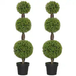 Homcom - Artificial Plants, Set of 2 Decorative Topiary Ball-shaped Boxwood Trees in Pots for Home Indoor Outdoor Decor - Green