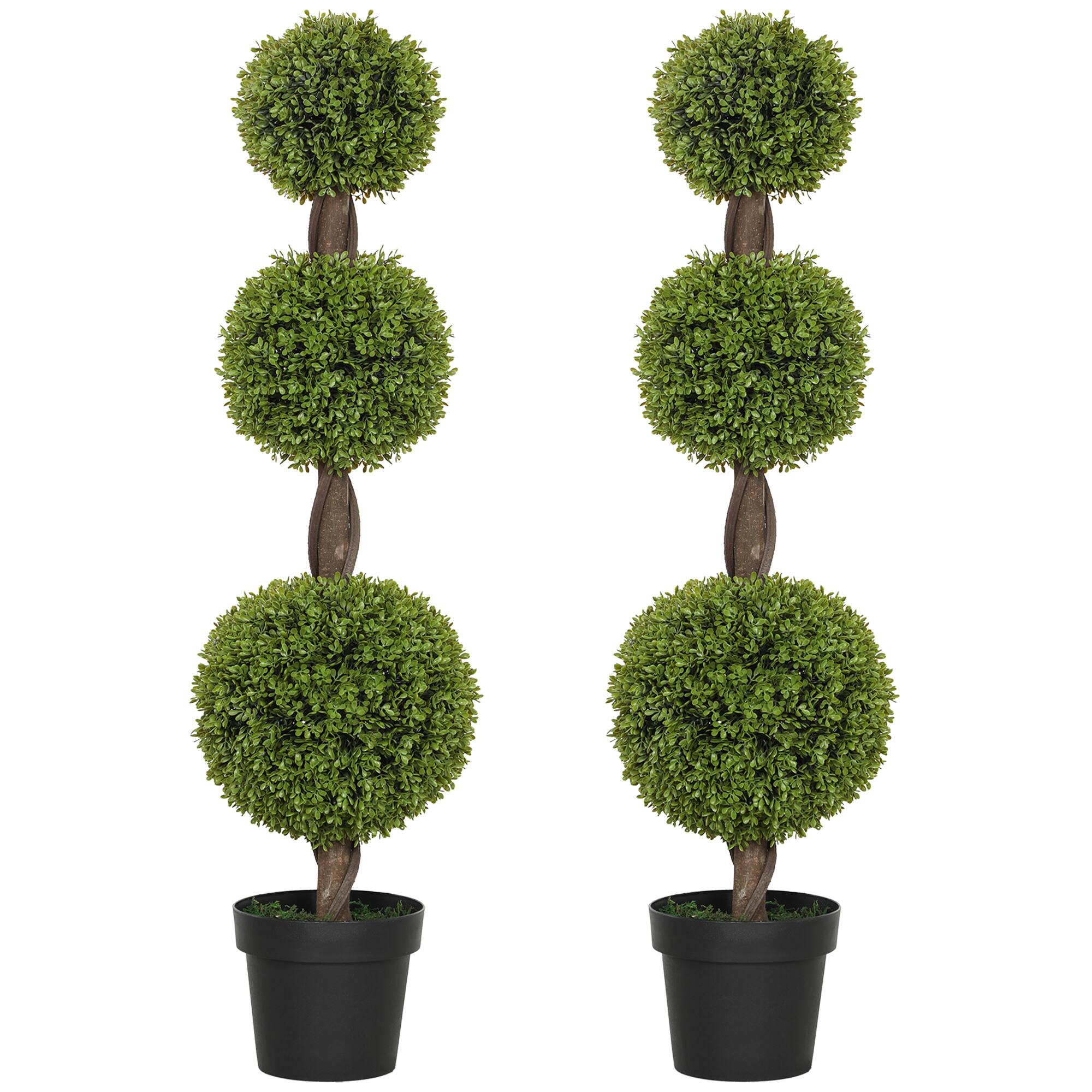 Homcom - Artificial Plants, Set of 2 Decorative Topiary Ball-shaped Boxwood Trees in Pots for Home Indoor Outdoor Decor - Green
