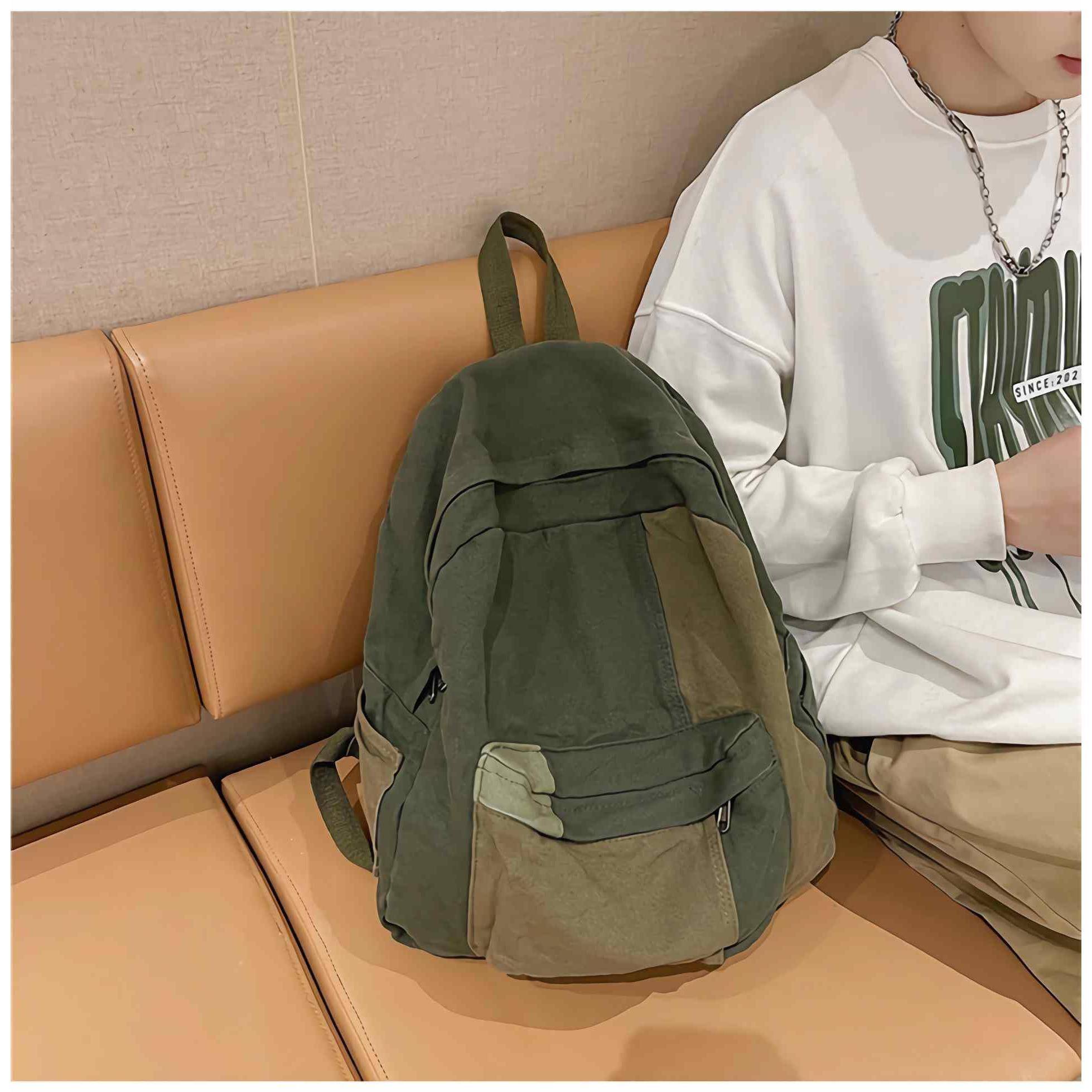 Alt View 2. Cozy Serene - Vintage Aesthetic Canvas Backpack For Women Men  Hippie Green Small Rucksack Boho Grunge Bags Lightweight Day Pack - Default.