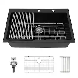 Siljoy - Quartz Kitchen Sink - 33" x 22" x 9.65" granite composite Drop in kitchen sink - Black