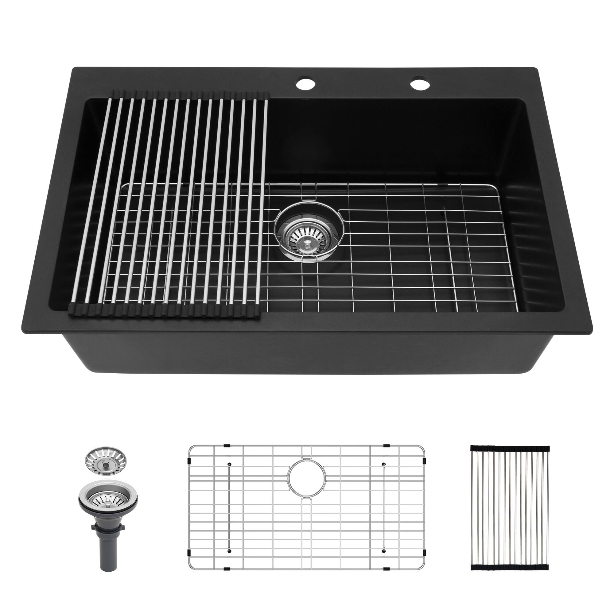 Front. APRILSOUL - Quartz Kitchen Sink - 33 in x 22 in x 9.65 in Black granite composite Drop in kitchen sink - Black.