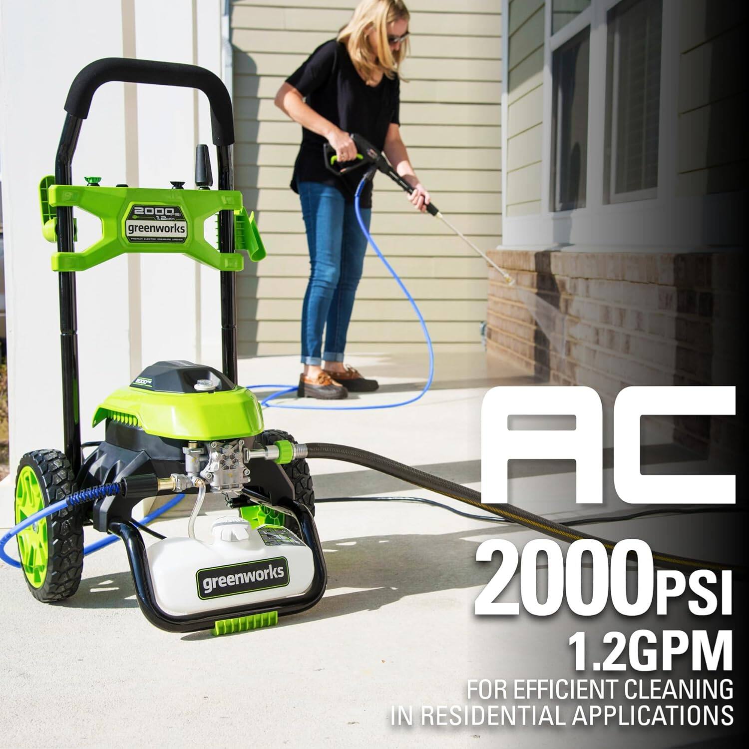 2000 PSI greenworks AC 2000 PSI 1.2 GPM FOR EFFICIENT CLEANING IN RESIDENTIAL APPLICATIONS