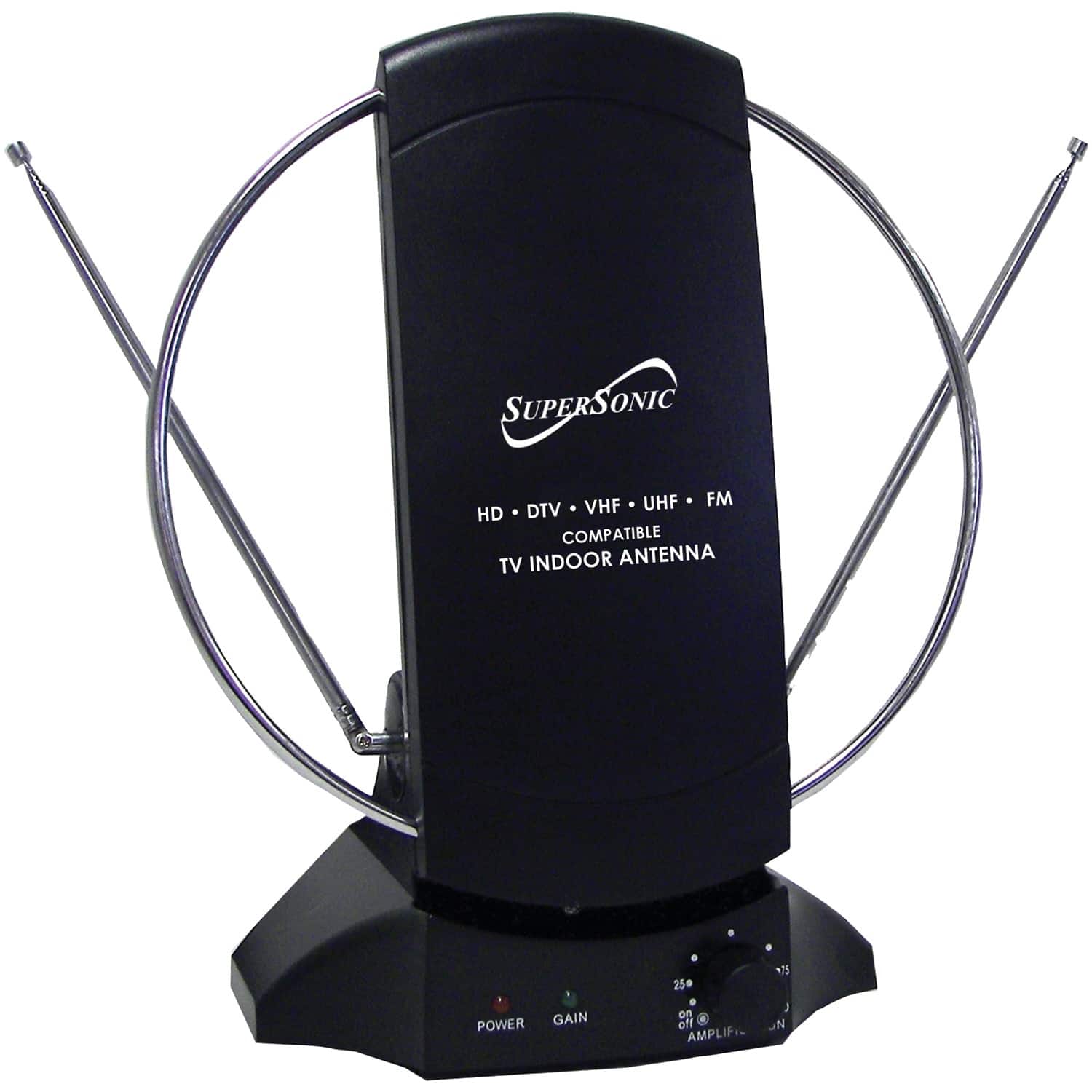 SUPERSONIC
HD • DTV • VHF • UHF • FM
COMPATIBLE
TV INDOOR ANTENNA
POWER
GAIN
AMPLIFIER
25dB
ON/OFF