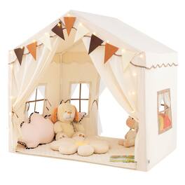 Gymax - 3-4 Kids Large Play Tent House w/ 2 Opening Doors Star Lights & Plaid Pennants - Beige
