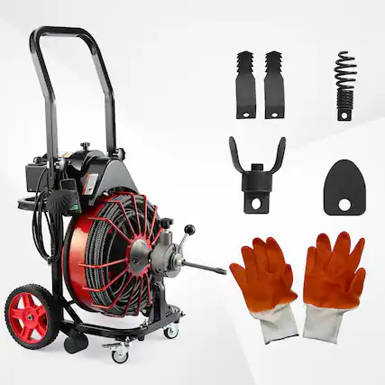 Front. Winado - 100FT x 1/2 Inch Drain Cleaner Machine Auger Cleaning Auto Feed with Wheels, 4 Interchangeable Cutters, 1 Pair of Gloves - Red & Black.