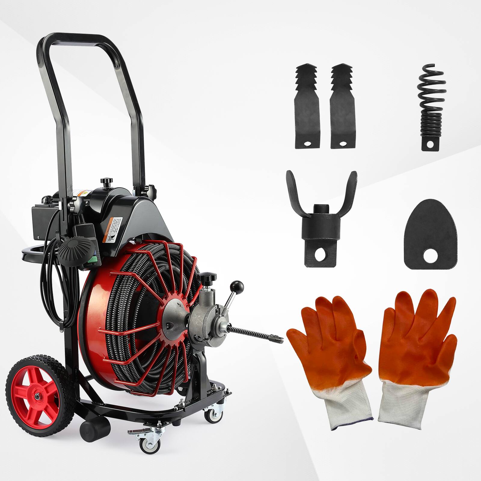 Front. Winado - 100FT x 1/2 Inch Drain Cleaner Machine Auger Cleaning Auto Feed with Wheels, 4 Interchangeable Cutters, 1 Pair of Gloves - Red & Black.