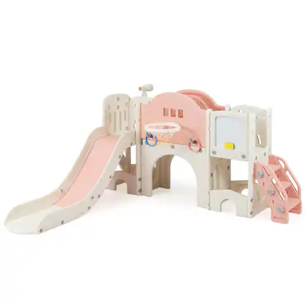 Front. Costway - Costway 10 in 1 Toddler Slide Set with Magnetic Whiteboard, Telescope Ring Toss for Ages 3+ - Pink & White.