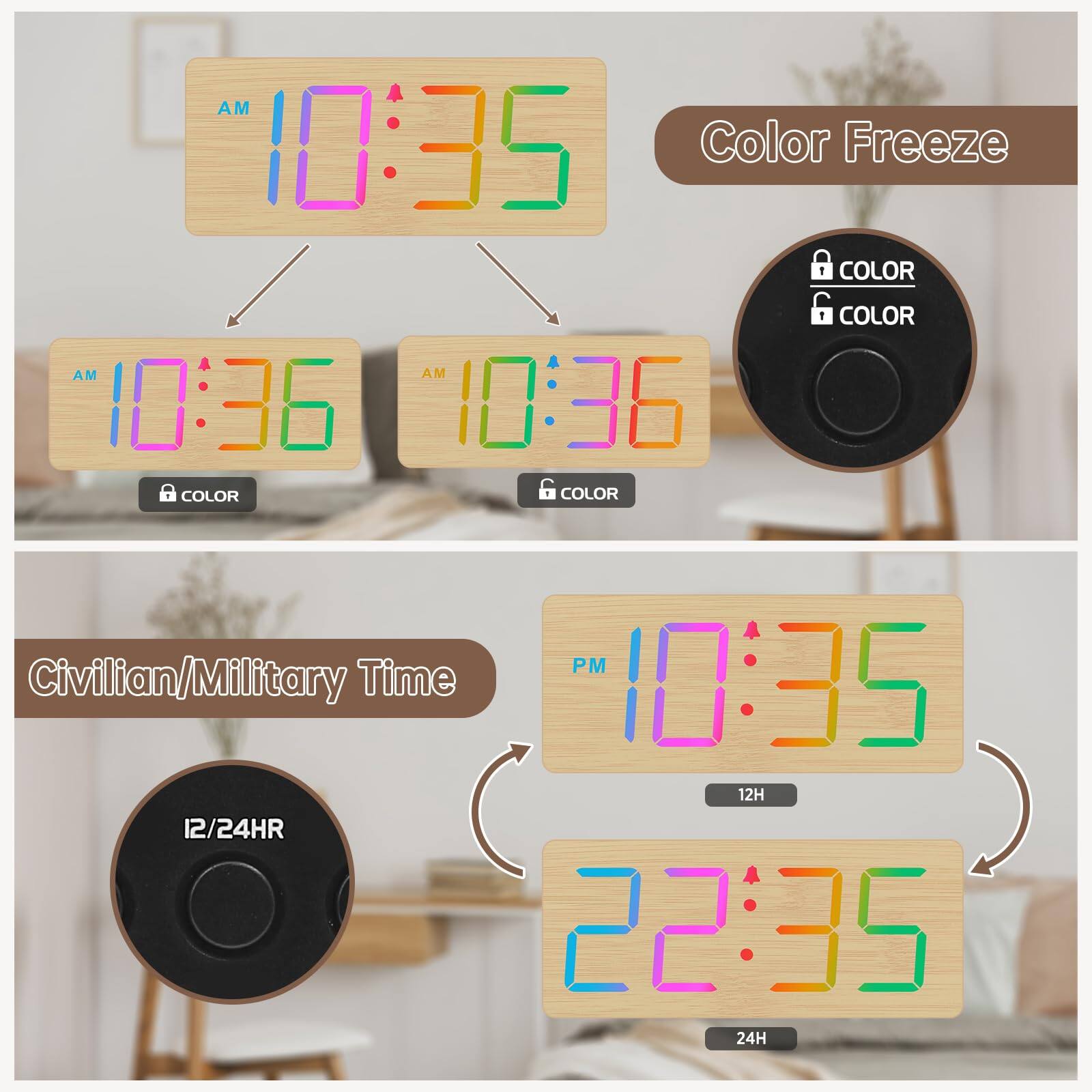 AM 10:35  
Color Freeze  
AM 10:36  
AM 10:36  
Civilian/Military Time  
PM 10:35  
12H  
22:35  
24H