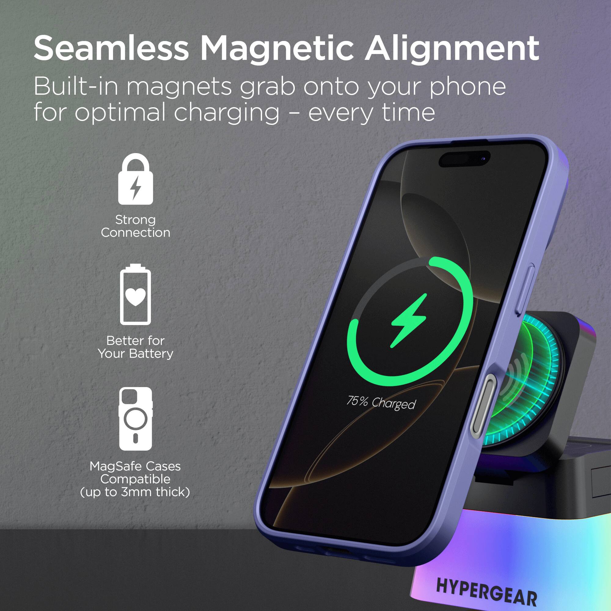 Seamless Magnetic Alignment  
Built-in magnets grab onto your phone for optimal charging – every time  

Strong Connection  
Better for Your Battery  
MagSafe Cases Compatible (up to 3mm thick)  

HYPERGEAR