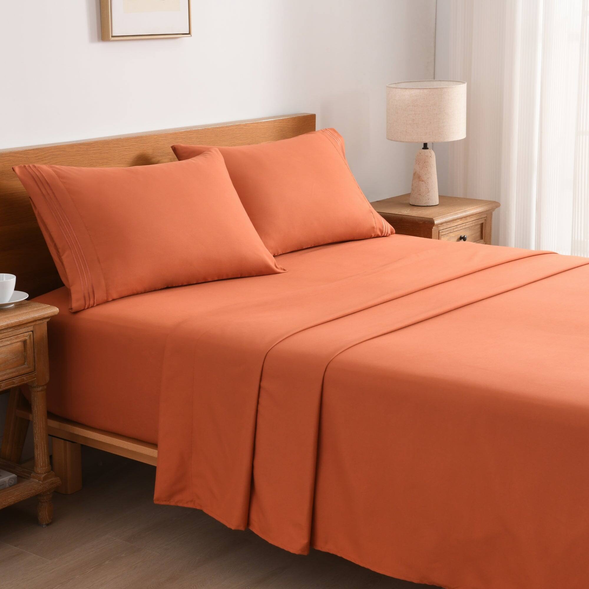 Left. MarCielo - Marcielo 3/4 Pcs Soft Solid & Embroidery Bed Sheets Set - Salmon.