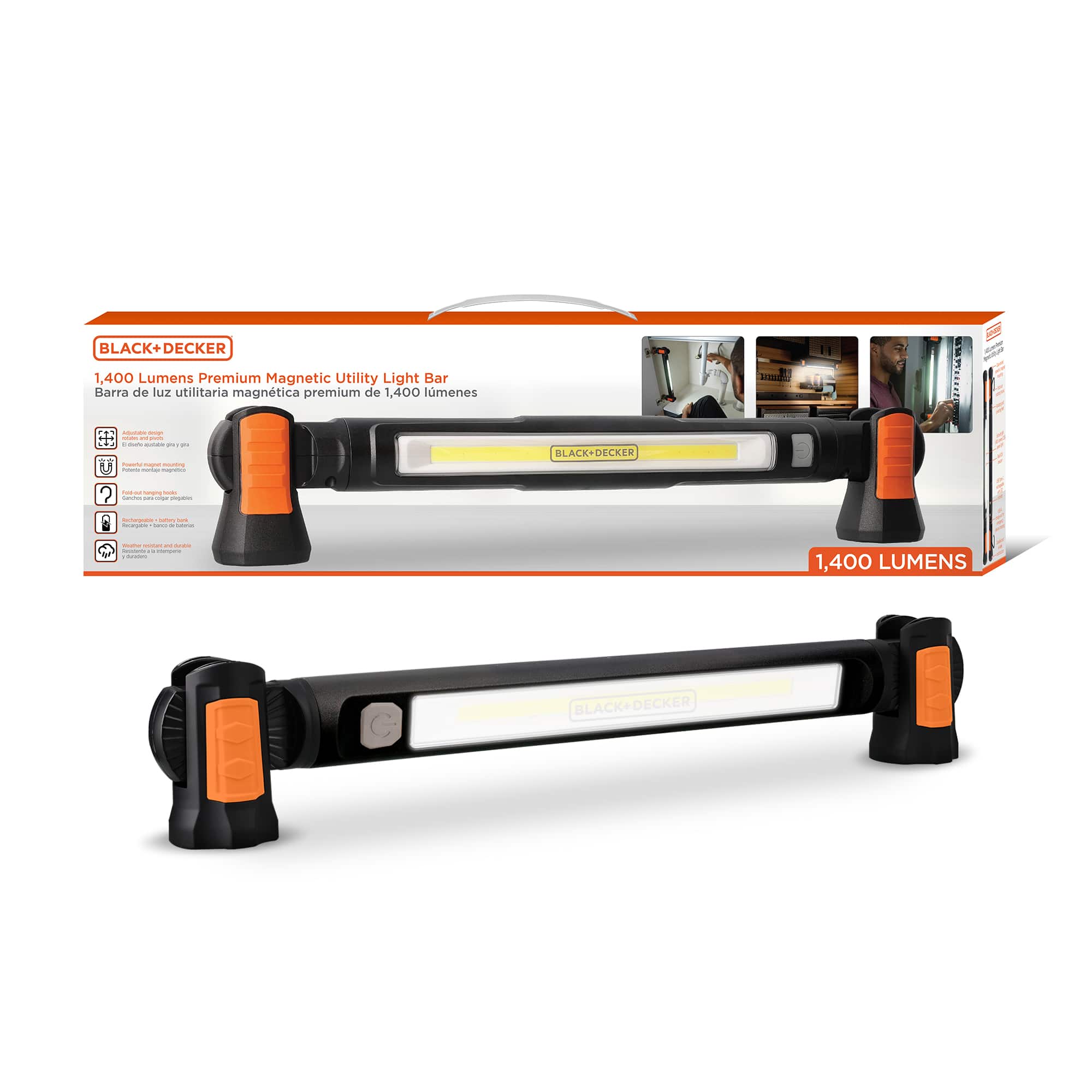 Black+Decker - COB Utility LED Light Bar, Magnetic Work Light W/ Dual Hooks, IP54-Rated, 1,400 Lumens - Black