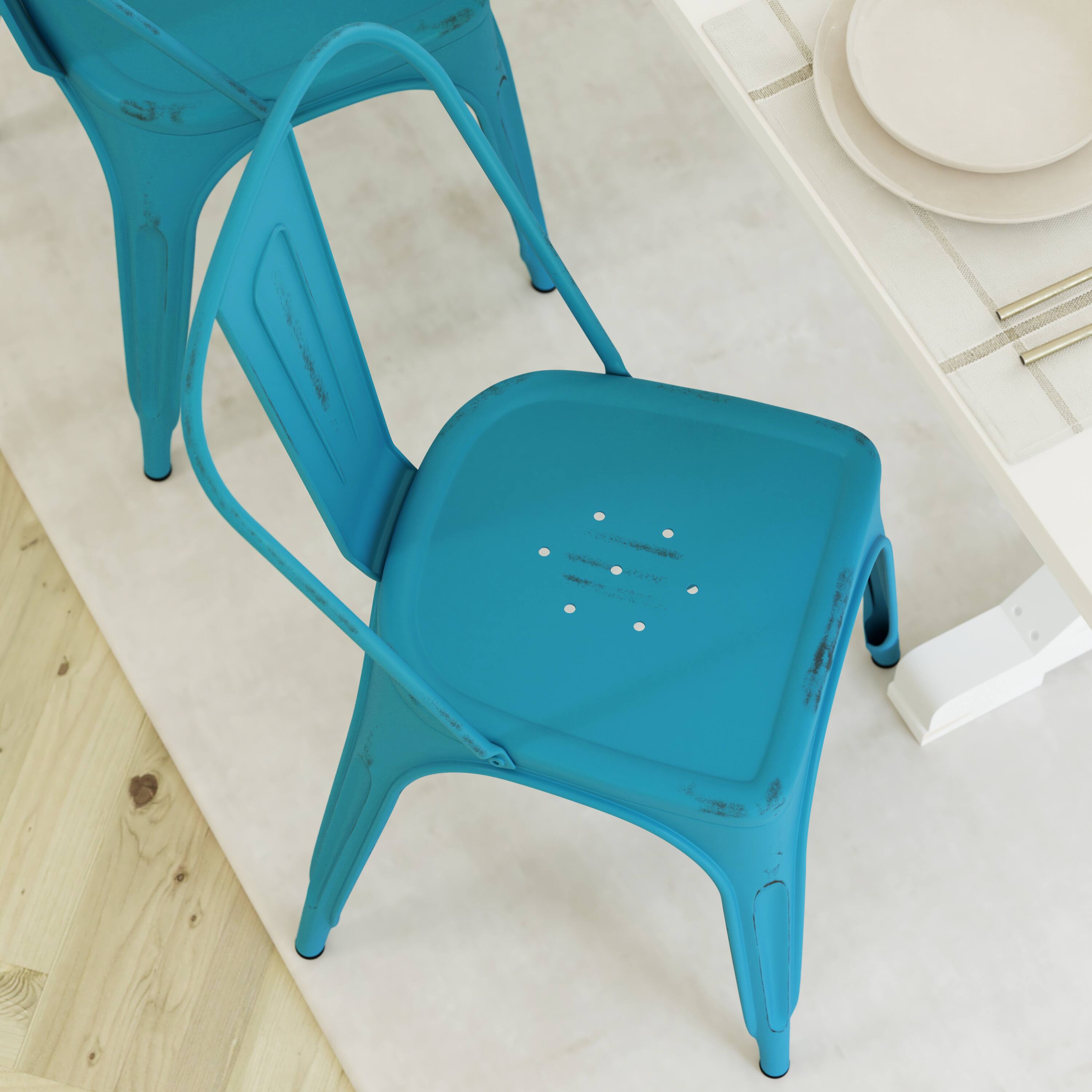 Alt View 4. Emma + Oliver - Commercial Grade 4 Pack Distressed Metal Indoor-Outdoor Stackable Chair - Blue.