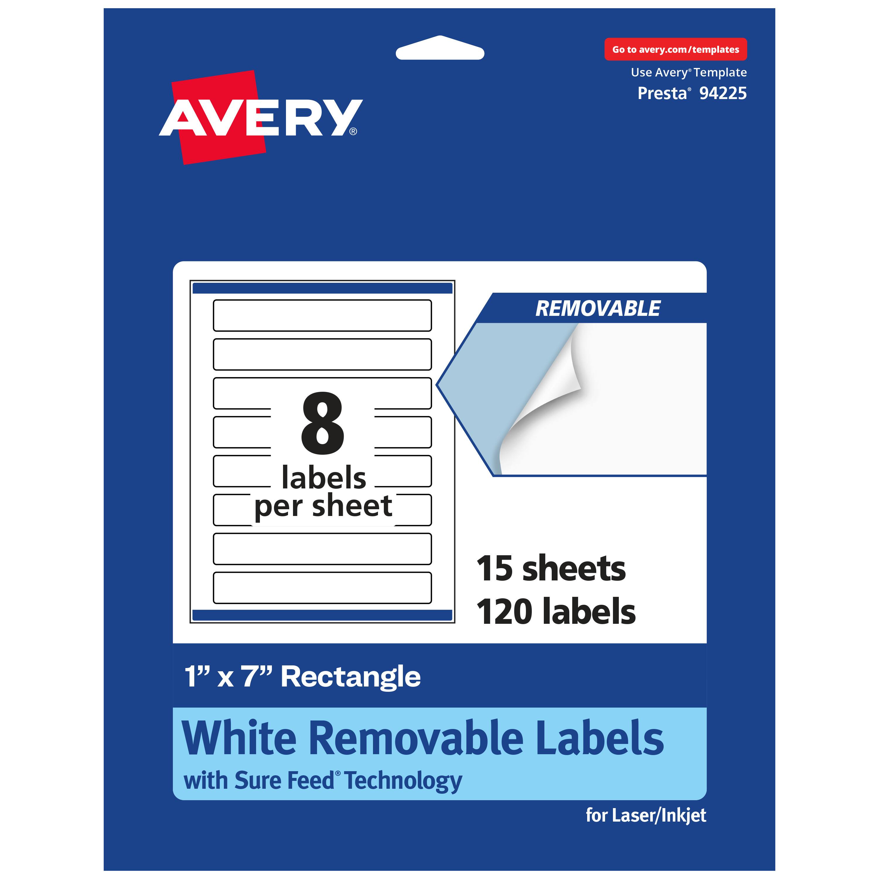 Go to avery.com/templates  
AVERY  
Use Avery Template Presta® 94225  

8 labels per sheet  
15 sheets  
120 labels  

1" x 7" Rectangle  
White Removable Labels with Sure Feed® Technology  
for Laser/Inkjet