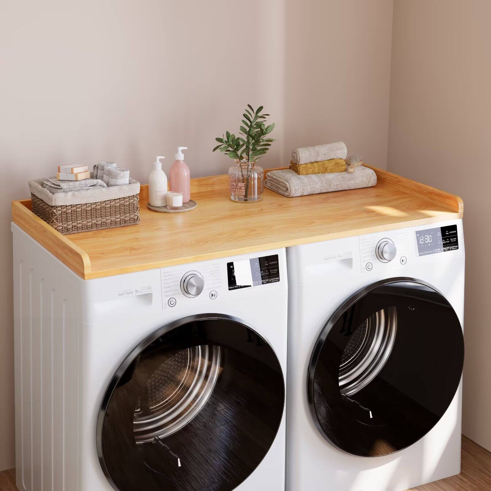 Angle. Tooloton - Washer Dryer Countertop Shelf, 54x27.5 Inch Laundry Organizer with Edge Guard, Storage Cover in Maple Color - Maple Wood.