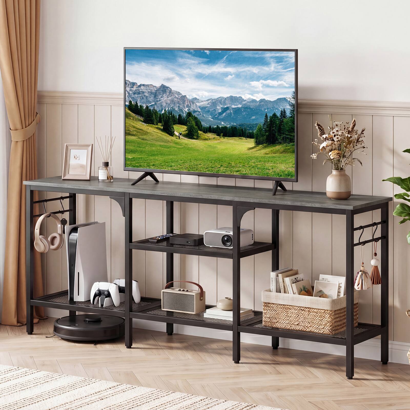 Alt View 3. Costway - Costway TV Stand for TVs up to 65",55" Long Entertainment Center with 4Open Storage Shelves - Oak & Black.