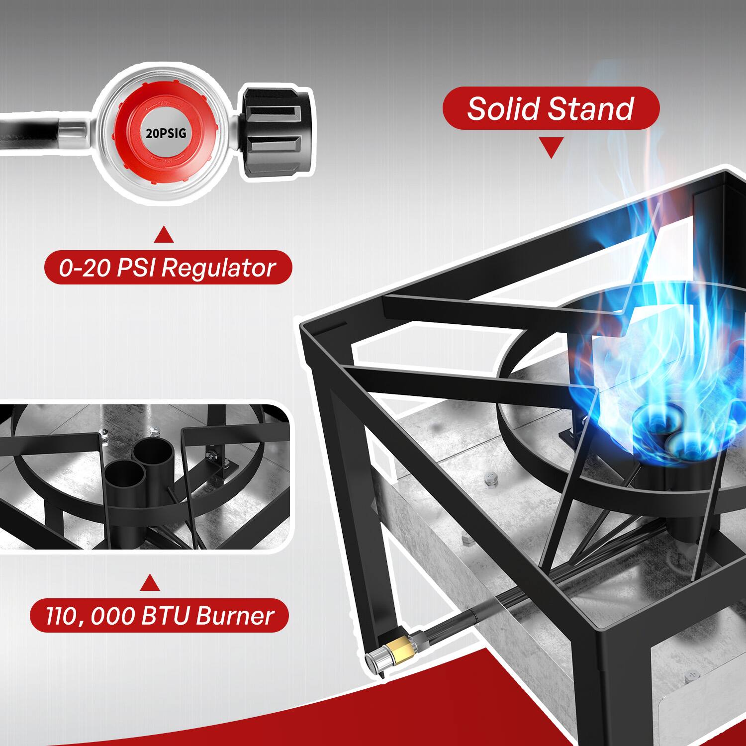 - 20PSIG
- 0-20 PSI Regulator
- Solid Stand
- 110,000 BTU Burner