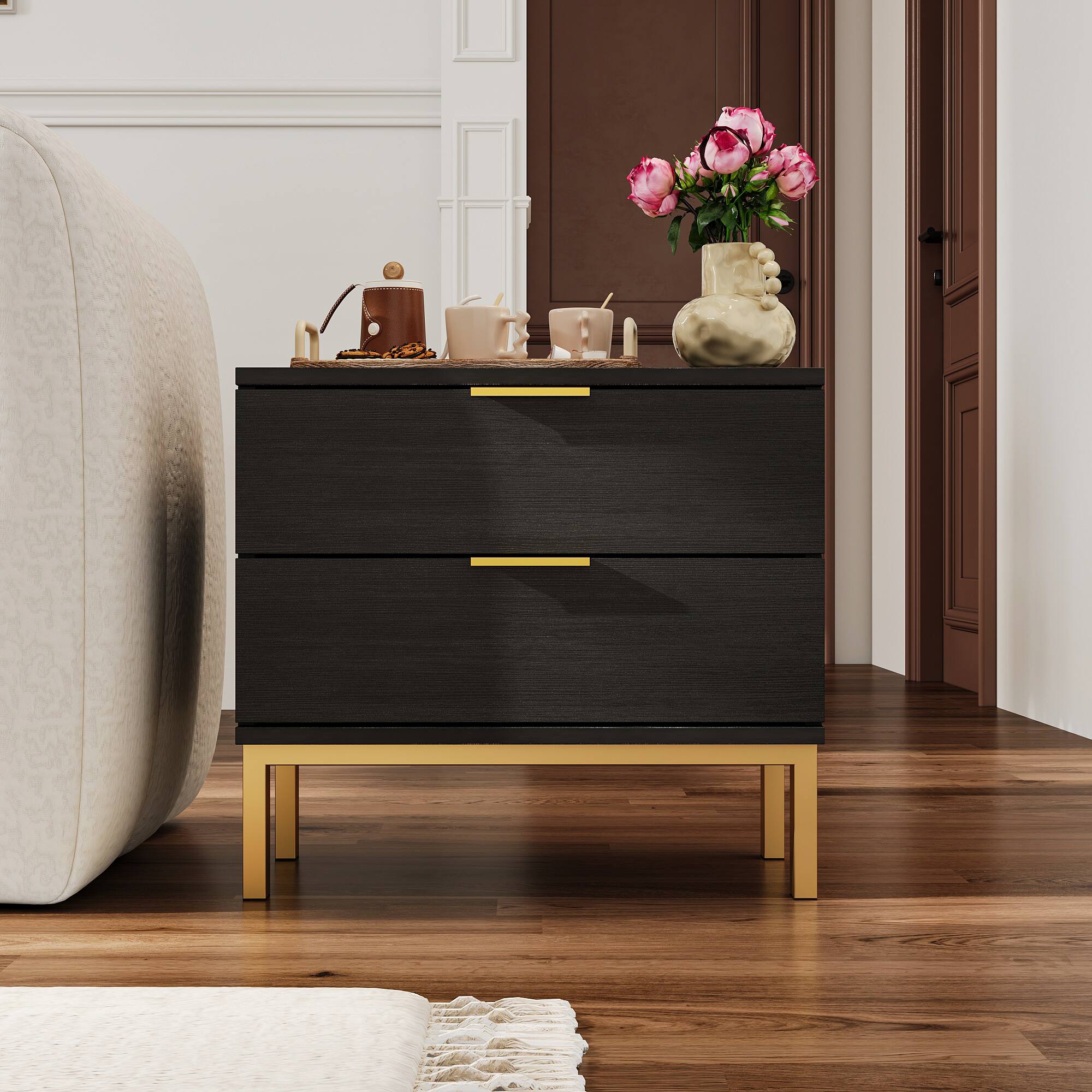 FUFU & GAGA - FUFU&GAGA 2 - Drawer Nightstand with Gold Accents: Stylish Bedside Storage - Black