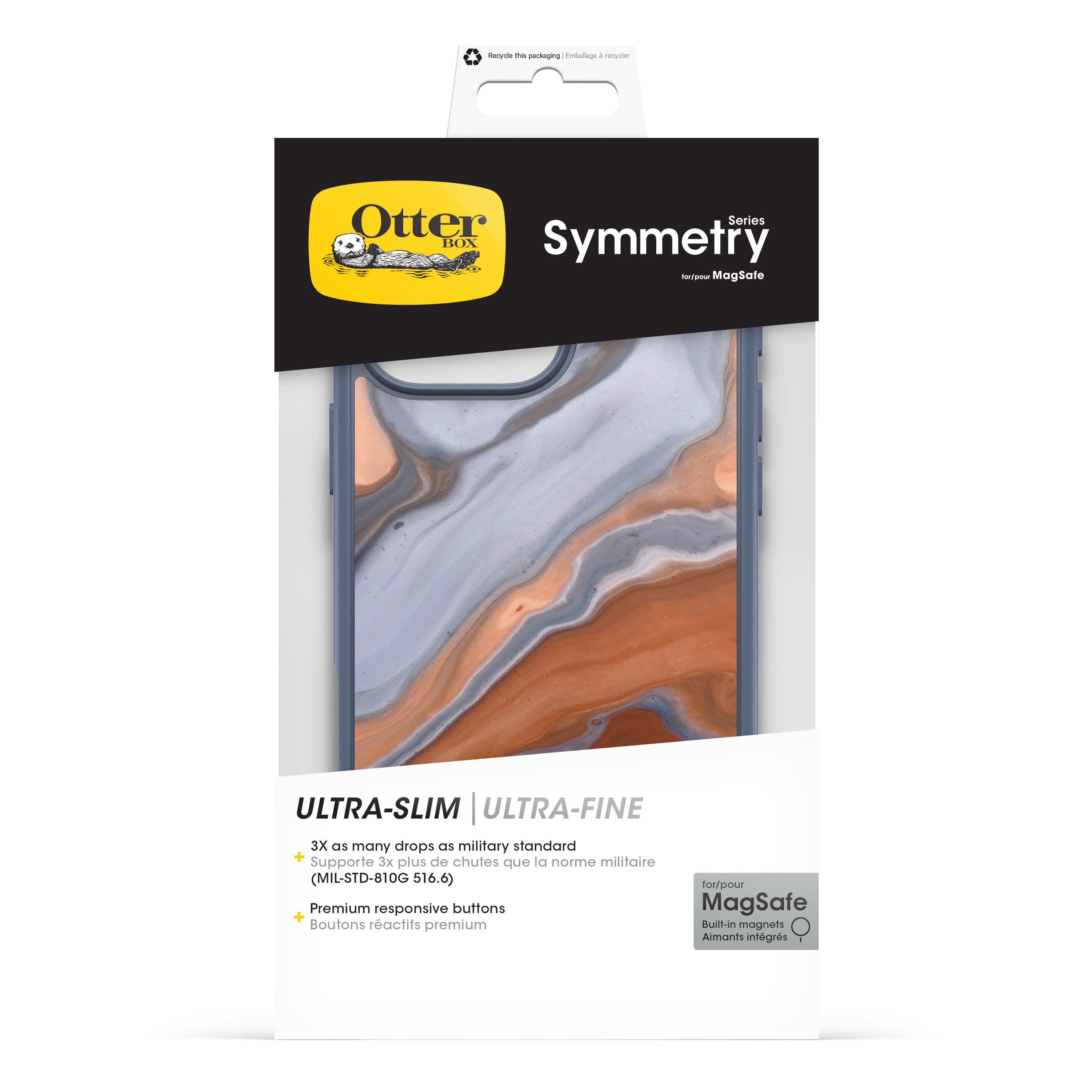 The text on the image reads:
"OtterBox Symmetry - Ultra-Slim - Ultra-Fine - 3X as many drops as military standard - MagSafe - Premium responsive buttons - MagSafe + Built-in magnets - Aimants intgrs"