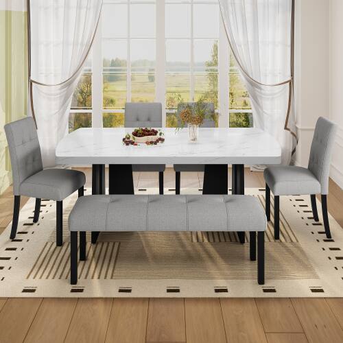 Alt View 6. LUCKY ONE - 6-Piece Faux Marble Dining Set with 63" Rectangular Dining Table, Bench and 4 Upholstered Chairs - Gray,White.