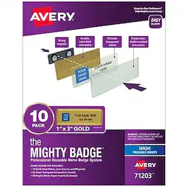 Avery - The Mighty Badge Inkjet Reusable Magnetic Name Badge System, 1" x 3", 80 Inserts, 10/Pack - Gold
