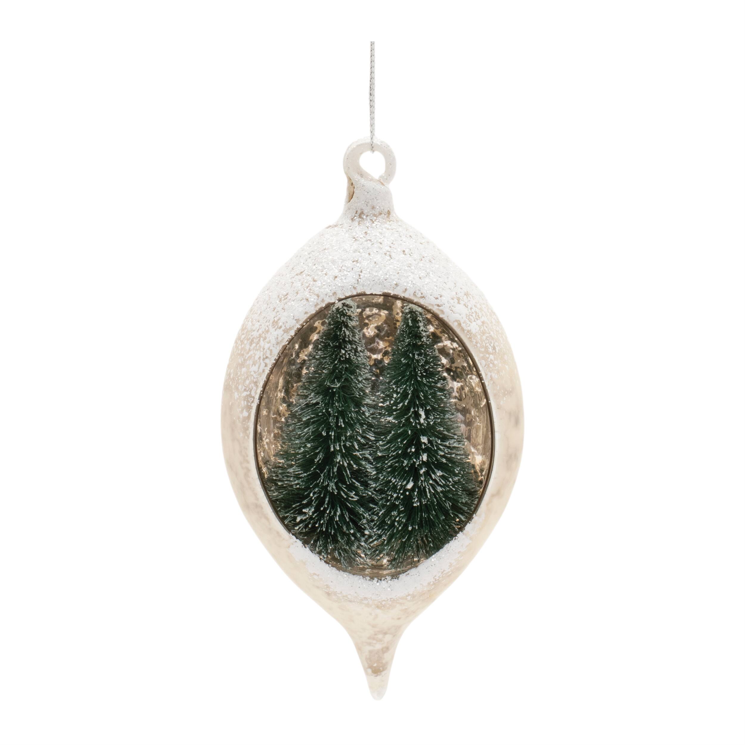 Back. BreeBe - Mercury Glass Ornament with Pine Trees (Set of 6) - White, Green.