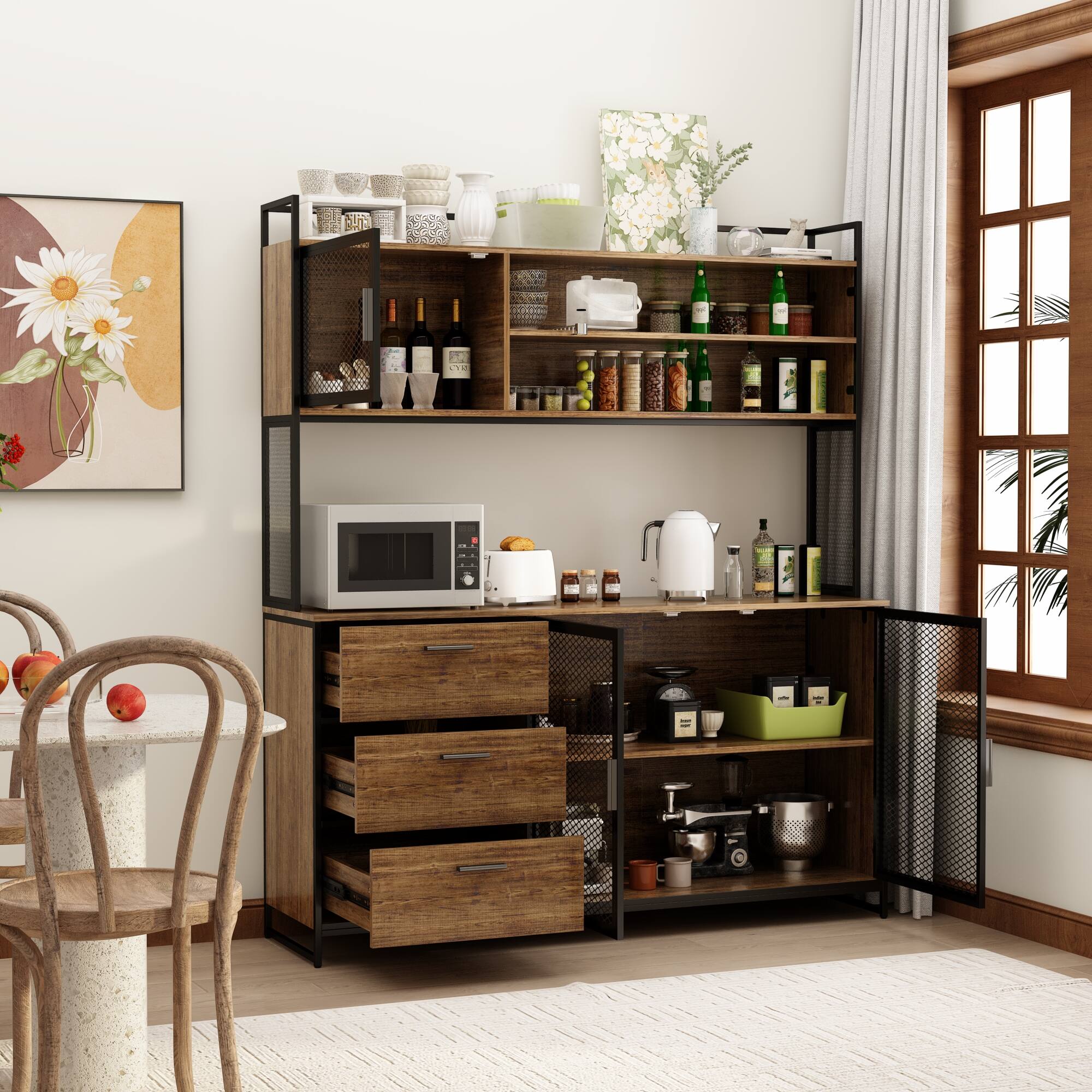 Alt View 9. FUFU & GAGA - FUFU&GAGA Industrial - Style Kitchen Storage Hutch: A Fusion of Function and Rustic Charm - Brown.