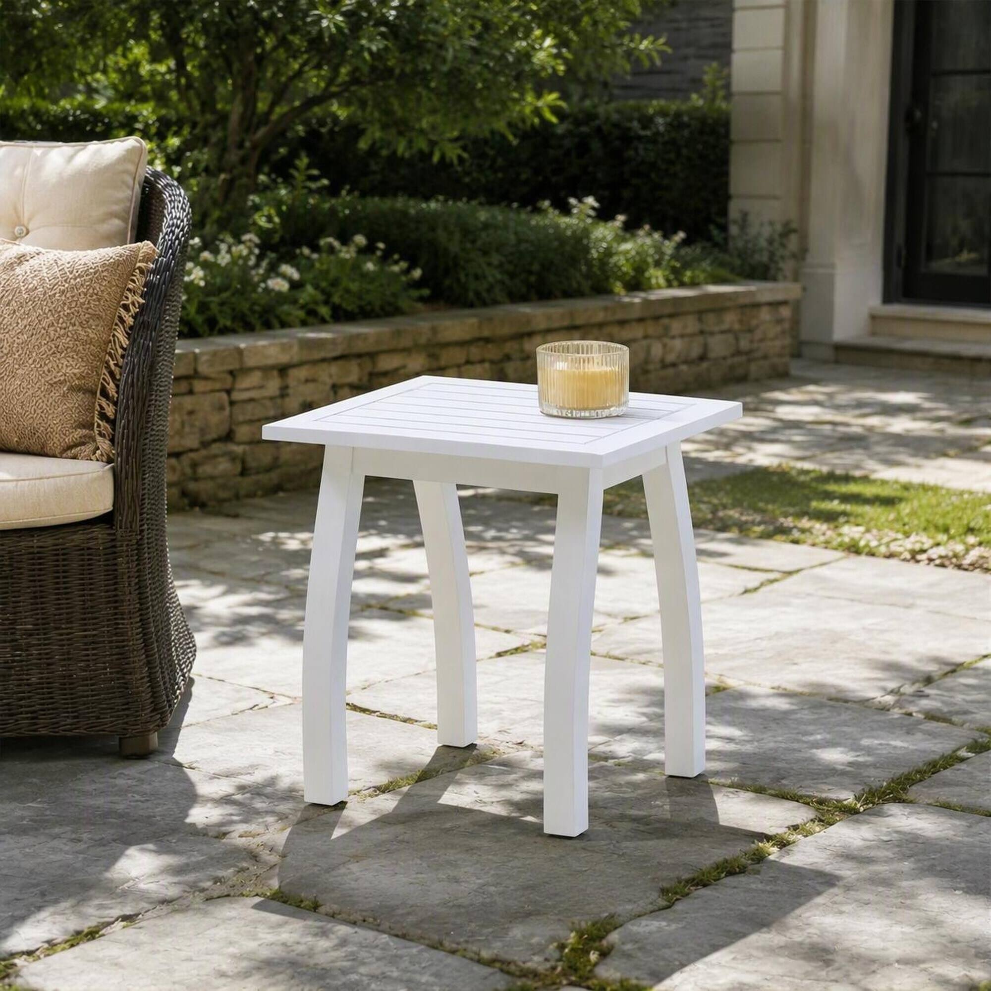Angle. RYHNUYNE - White Natural Stained Acacia Wood Rectangular Accent Side Table,Weather-Resistant Outdoor End Table for Patio Garden - White PU.