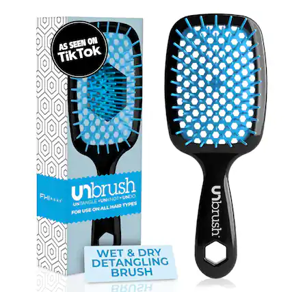 SEEN ON AS TikTok FHIHEAT HEAT Unbrush UNKNOT UNDO UNTANGLE TYPES ALL HAIR USE ON FOR WET & DRY DETANGLING BRUSH