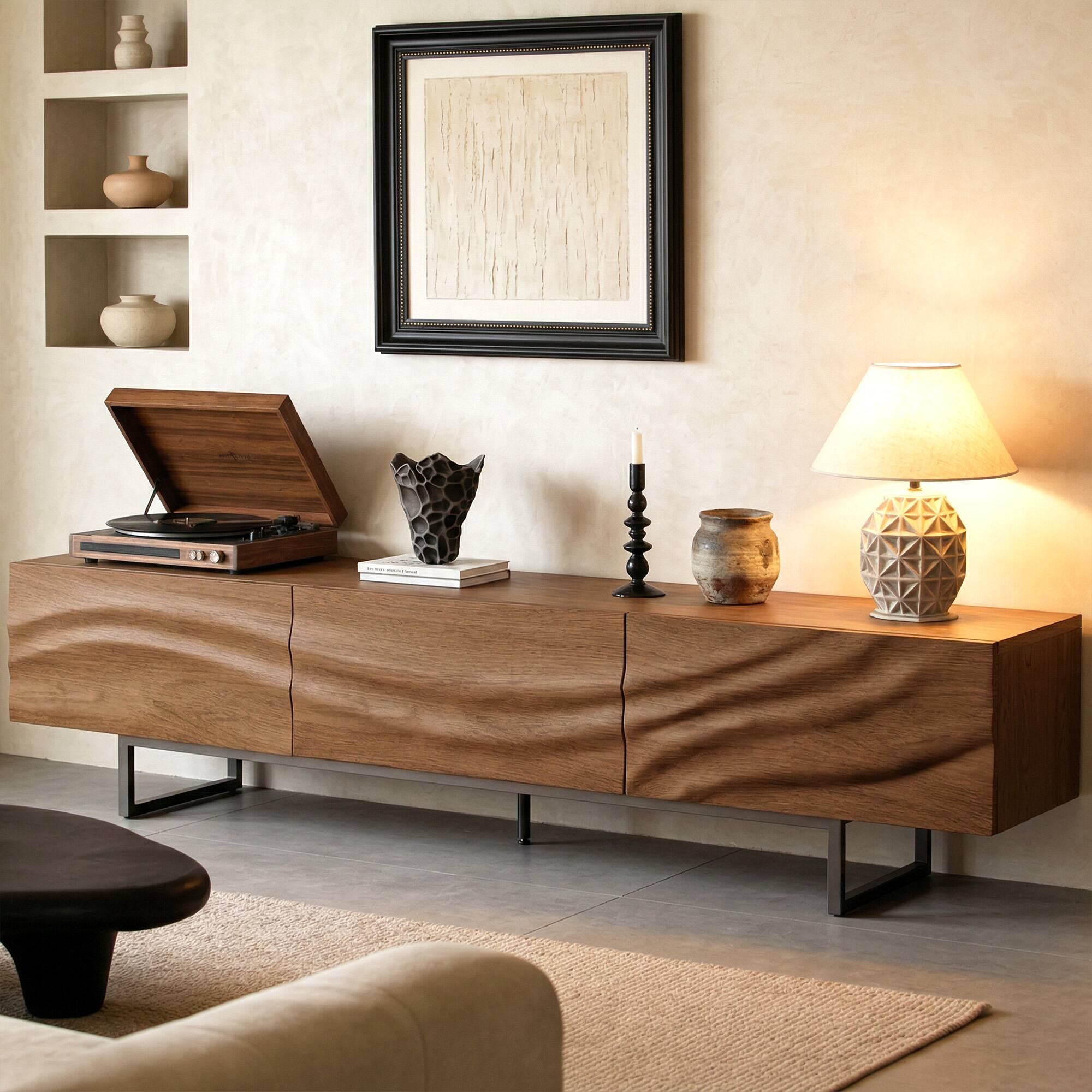 Alt View 5. luck idea - Modern 82.83" TV Stand with Metal Legs, 3 Drawers & Vent Holes, Wide Media Console for Living Room - Walnut Color.