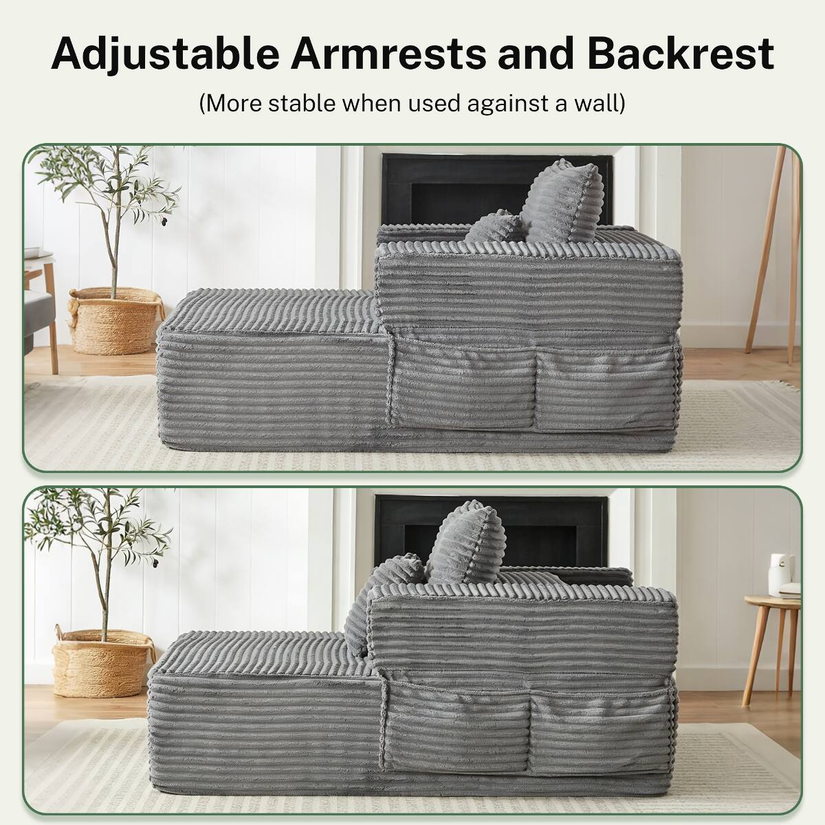 Adjustable Armrests and Backrest  
(More stable when used against a wall)