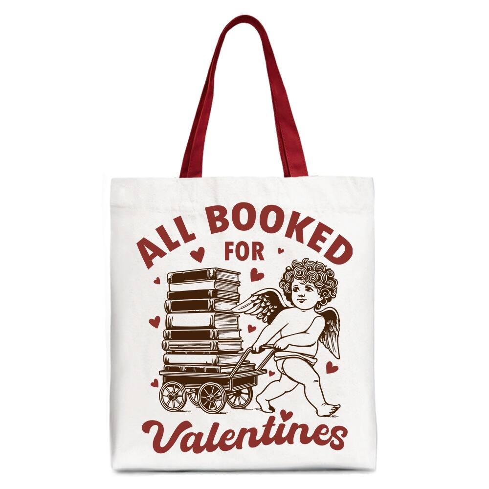 OrnamentallyYou - All Booked For Valentines Cupid Canvas Tote Bag, Vintage Funny Bookworm Gift - White Red
