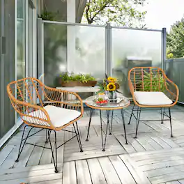 Costway - 3PCS Patio Rattan Bistro Furniture Set Cushioned Chair Table - White