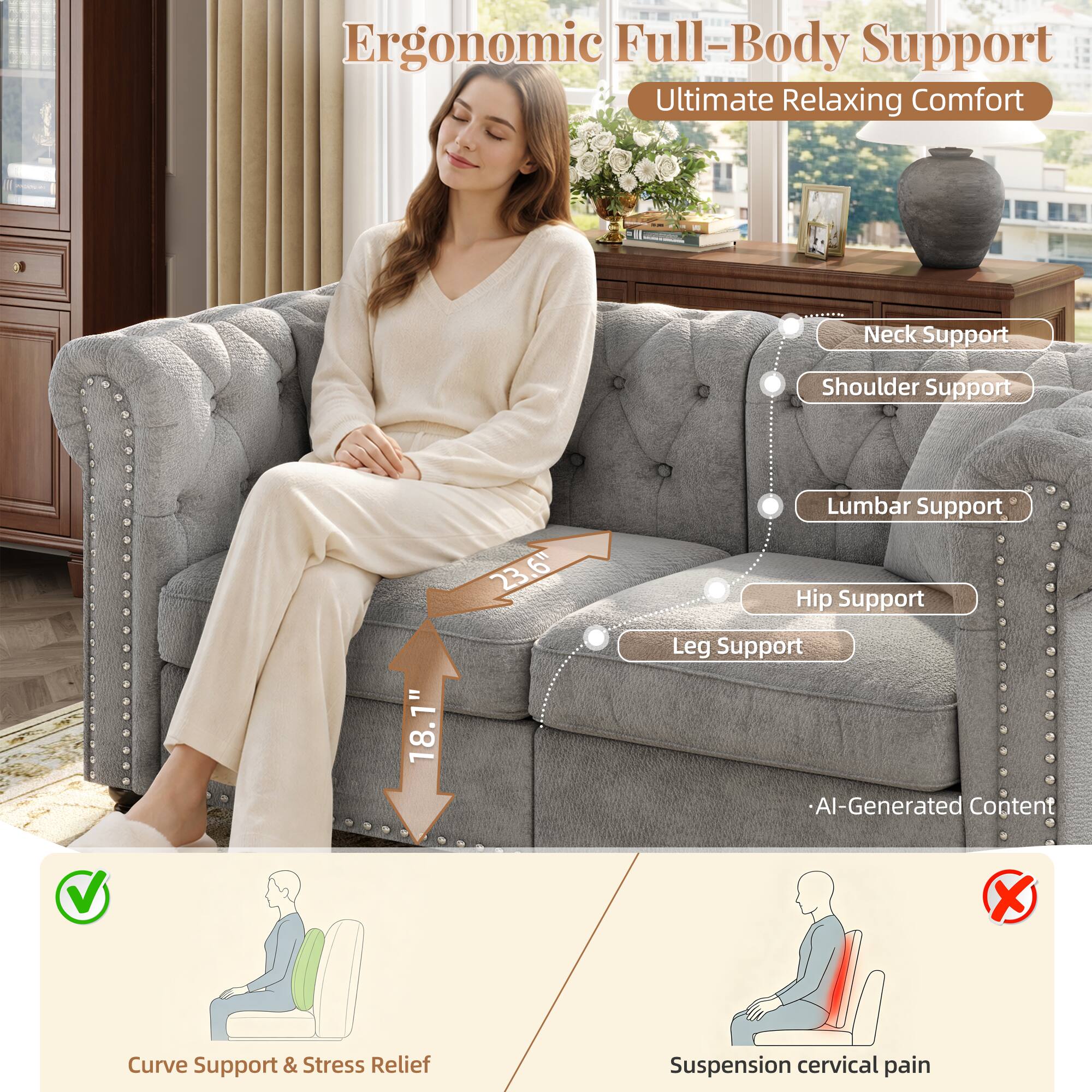 Ergonomic Full-Body Support  
Ultimate Relaxing Comfort

Neck Support  
Shoulder Support  
Lumbar Support  
Hip Support  
Leg Support

1" 18.1"  
23.6"

Curve Support & Stress Relief  
Suspension cervical pain

AI-Generated Content