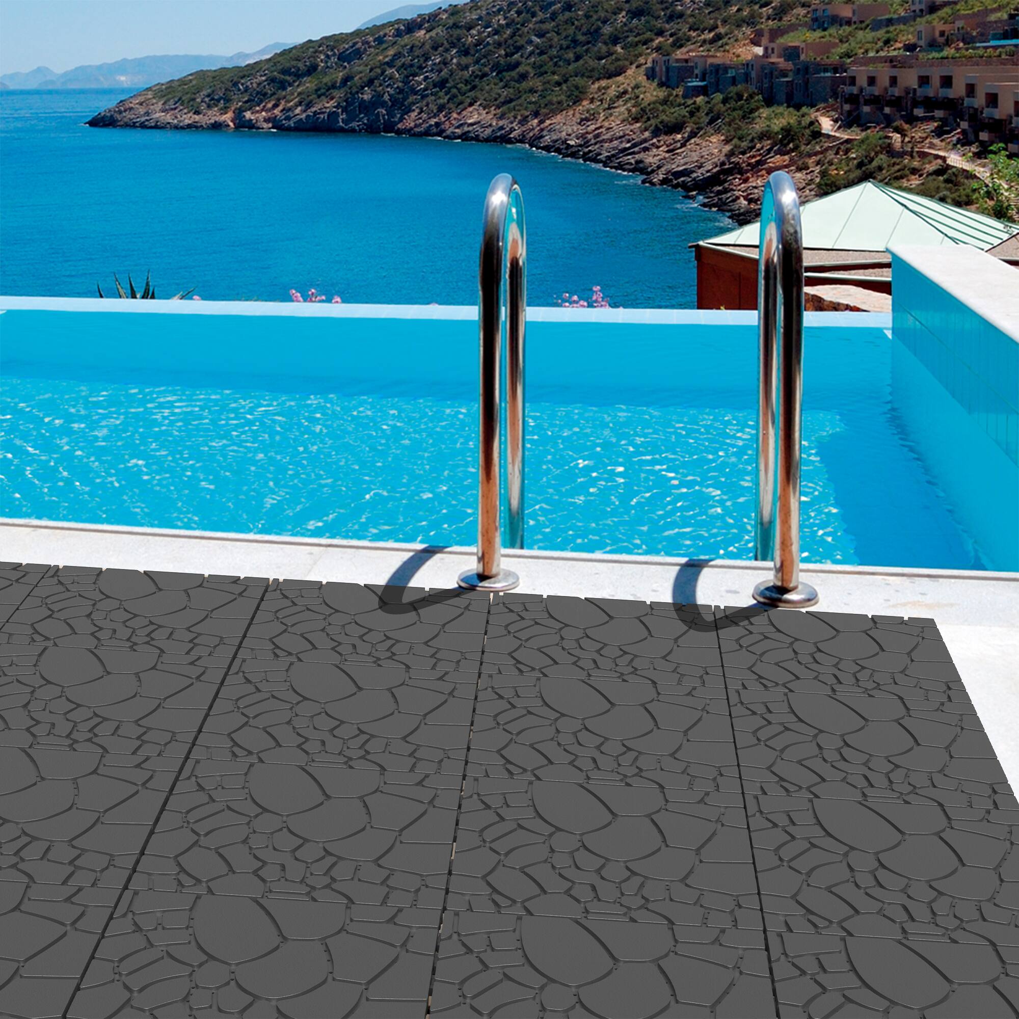 Alt View 5. Loheer - 44PCS 12 Inch Interlocking Patio Deck Tiles Stone Pattern Outdoor Flooring Porch Poolside Balcony - Grey.