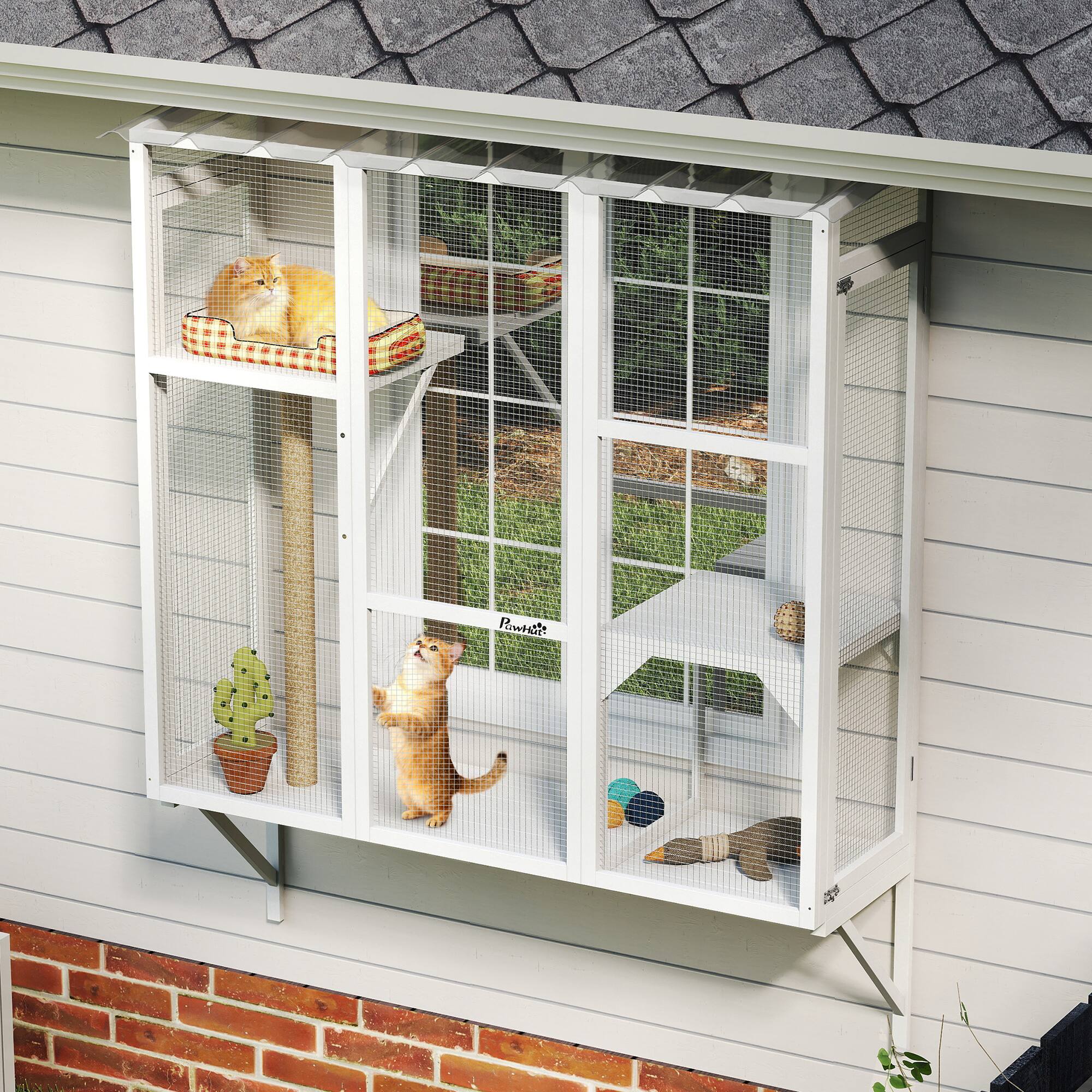 Alt View 7. Pawhut - Outdoor, Window Catio for 2-3 Large Indoor Cats w/ 2 Jumping Platforms, Scratching Post - White.