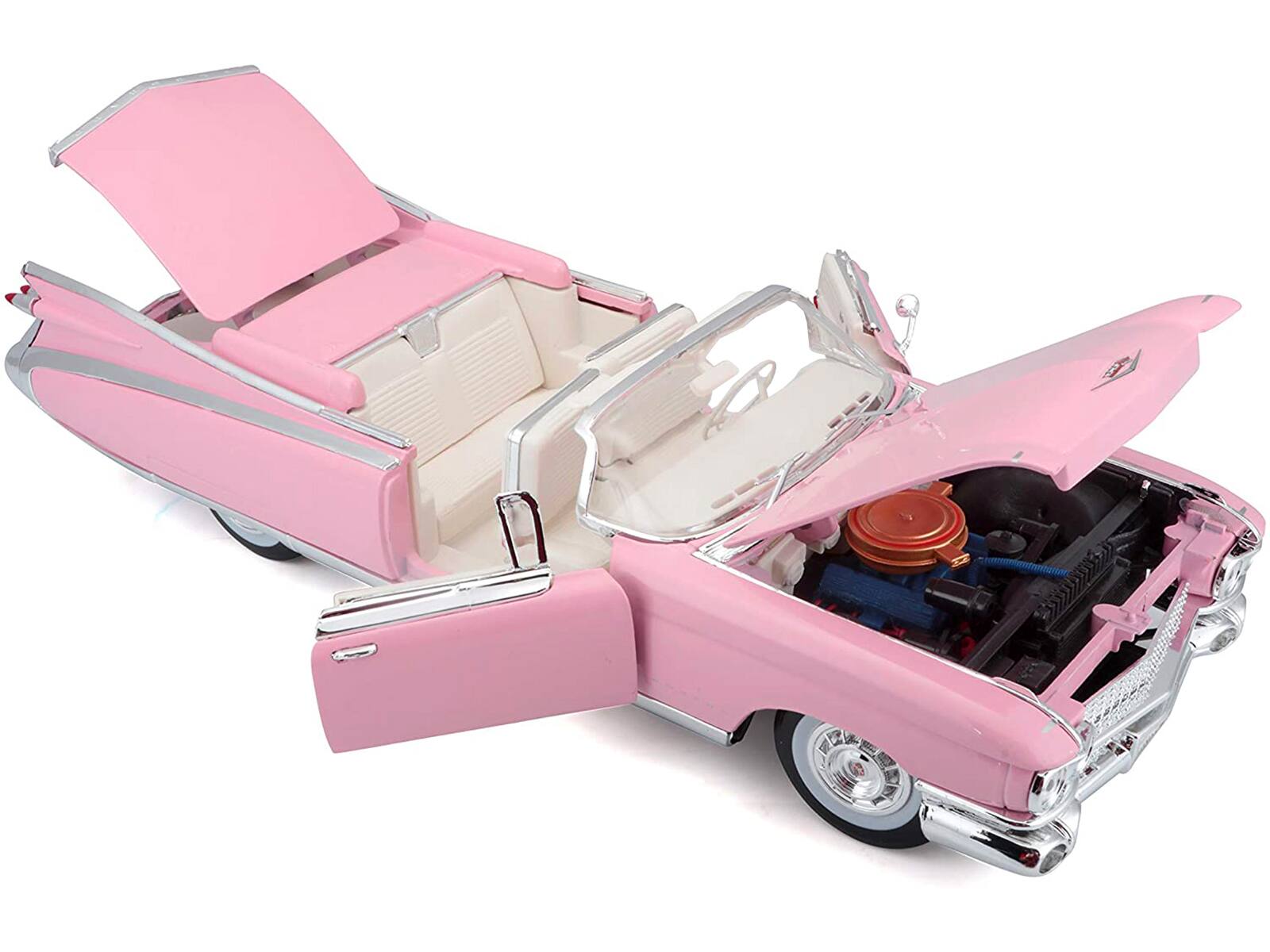 Left. Maisto - 1959 Cadillac Eldorado Biarritz Convertible Pink 1/18 Diecast Model Car by Maisto - Pink.