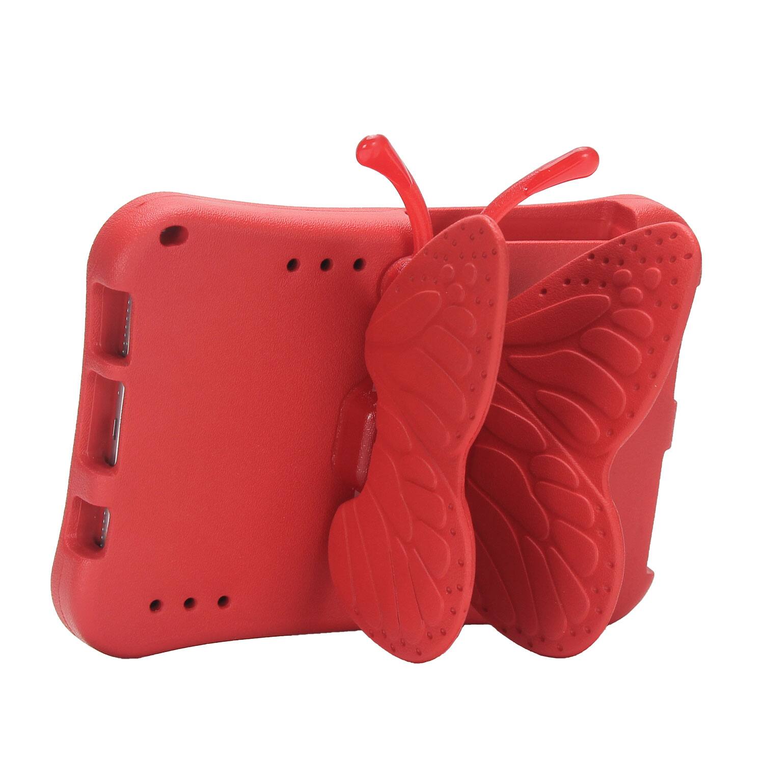 The image shows a red phone case with a butterfly design on the back.