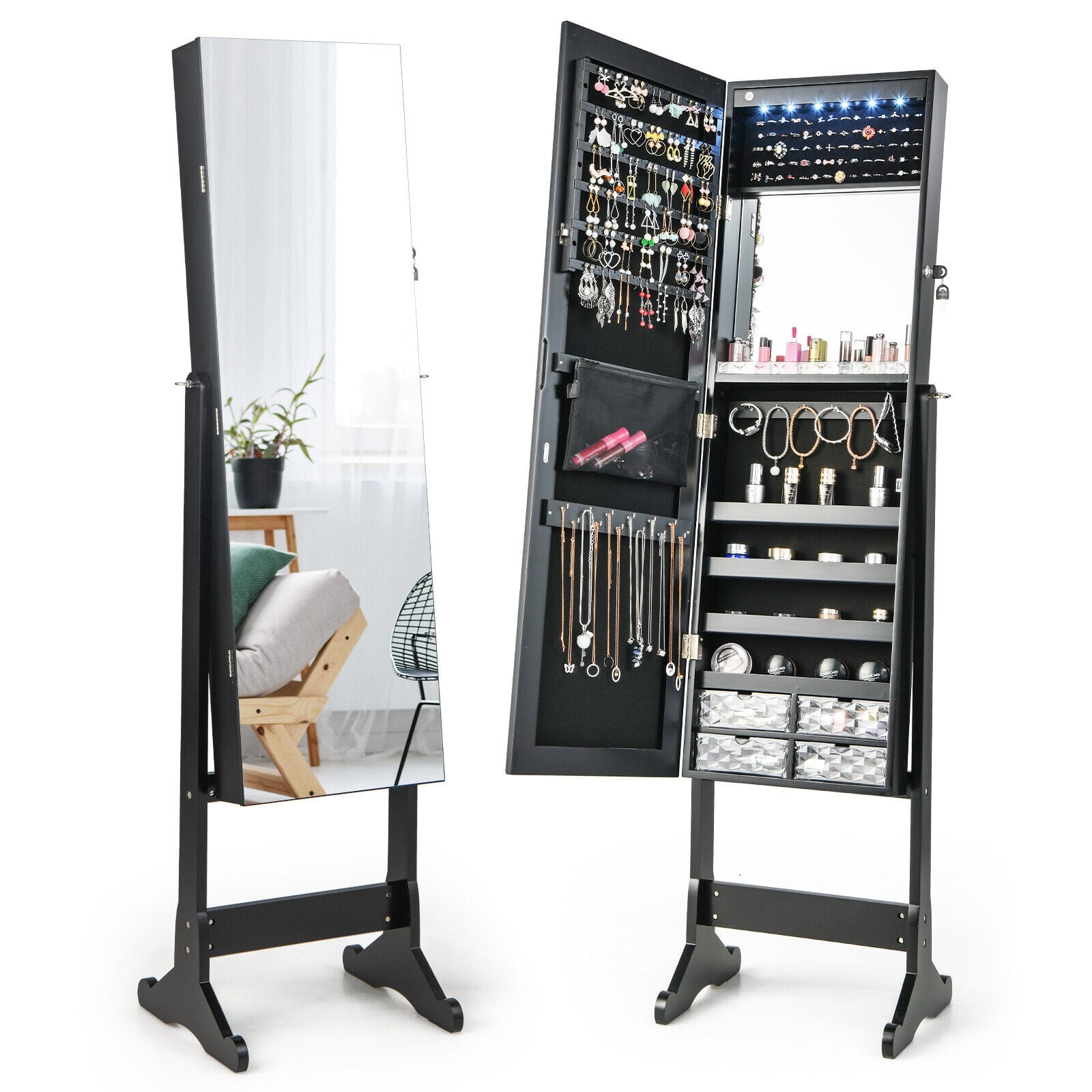 Ecooso - Freestanding Full-Length Jewelry Armoire with LED Lights and Lockable Storage Organizer