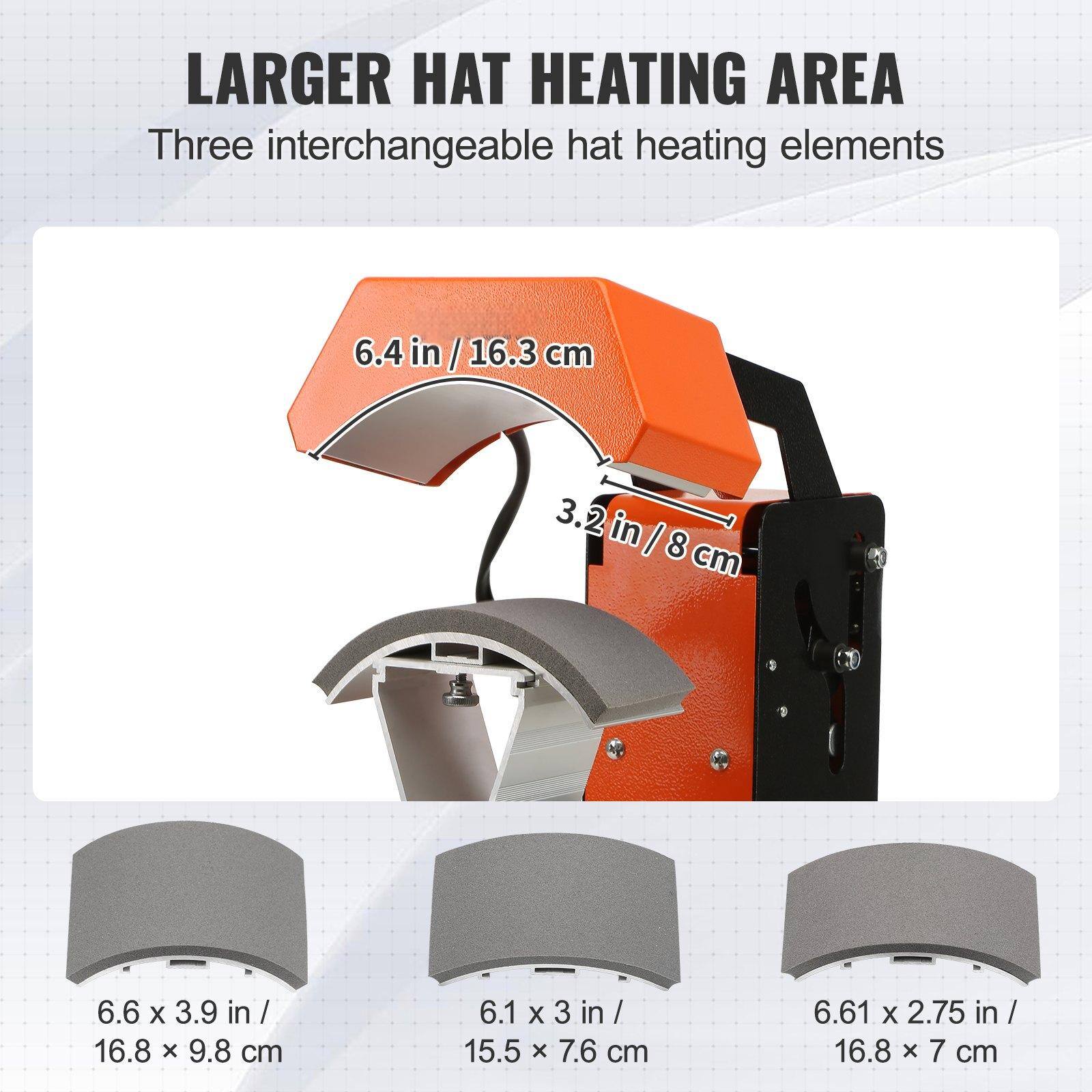 LARGER HAT HEATING AREA  
Three interchangeable hat heating elements  

- 6.4 in / 16.3 cm  
- 3.2 in / 8 cm  
- 6.6 x 3.9 in / 16.8 x 9.8 cm  
- 6.1 x 3 in / 15.5 x 7.6 cm  
- 6.61 x 2.75 in / 16.8 x 7 cm