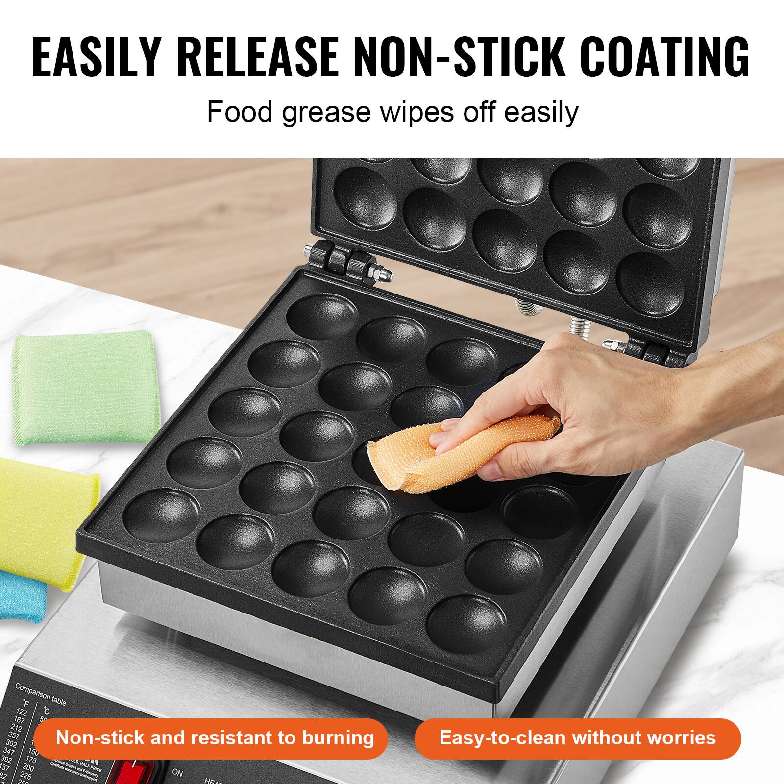 EASILY RELEASE NON-STICK COATING  
Food grease wipes off easily

Comparison table  
122 C 157 212 25T  
Non-stick and resistant to burning  
302 347 150 392 175 and A  
37 200 WICL 52 225 ON by 20  

HEAL  
Easy-to-clean without worries
