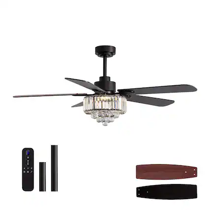 Front. Siljoy - 52 Inch Crystal Chandelier Ceiling Fan with Lights Remote Elegant Design 5 Blades Included for Bedroom Living Room - Black.