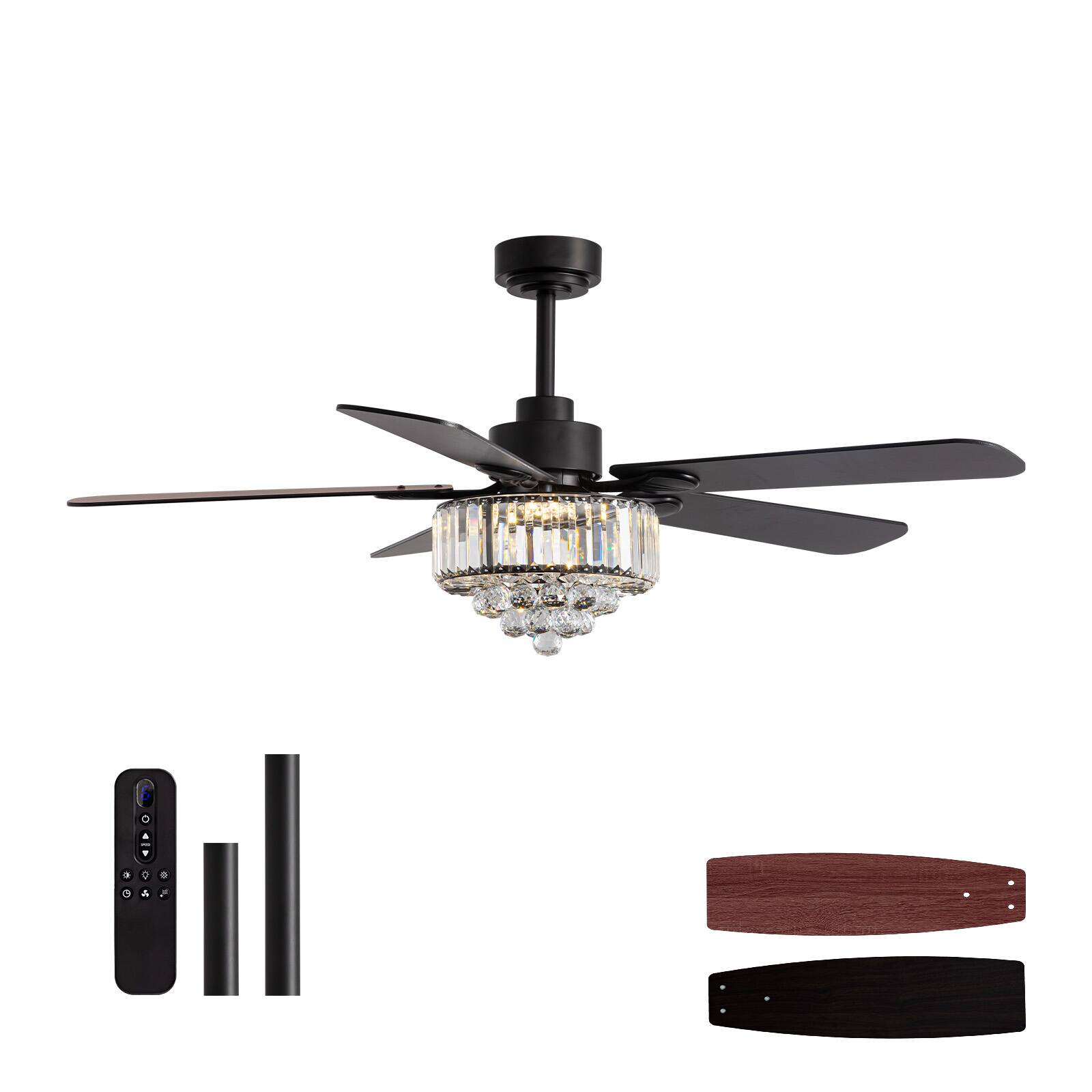 Front. Siljoy - 52 Inch Crystal Chandelier Ceiling Fan with Lights Remote Elegant Design 5 Blades Included for Bedroom Living Room - Black.