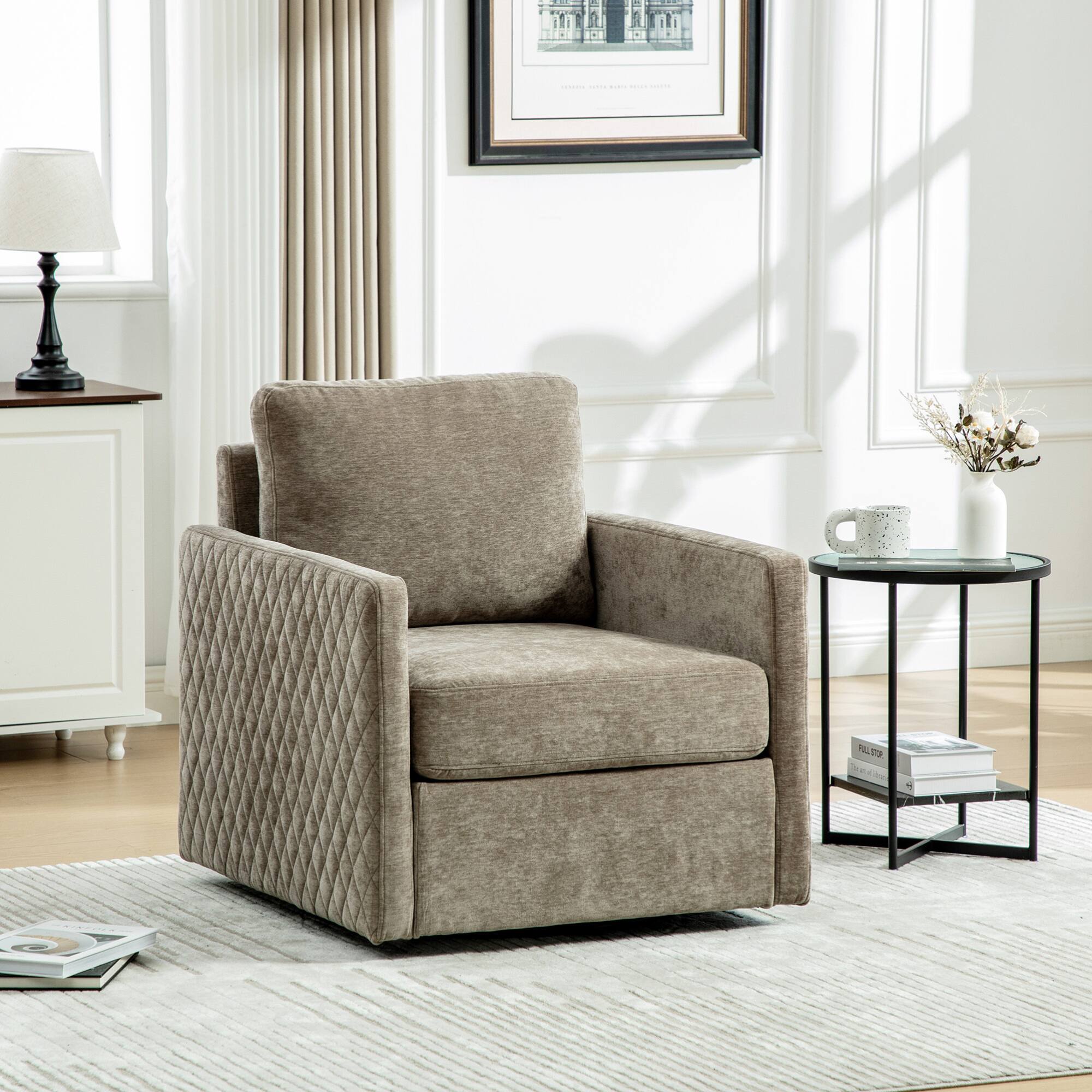 Alt View 8. GOODSILO - Upholstered Swivel Armchair with Hidden Storage and Tufted Armrests for Living Room and Bedroom - taupe.
