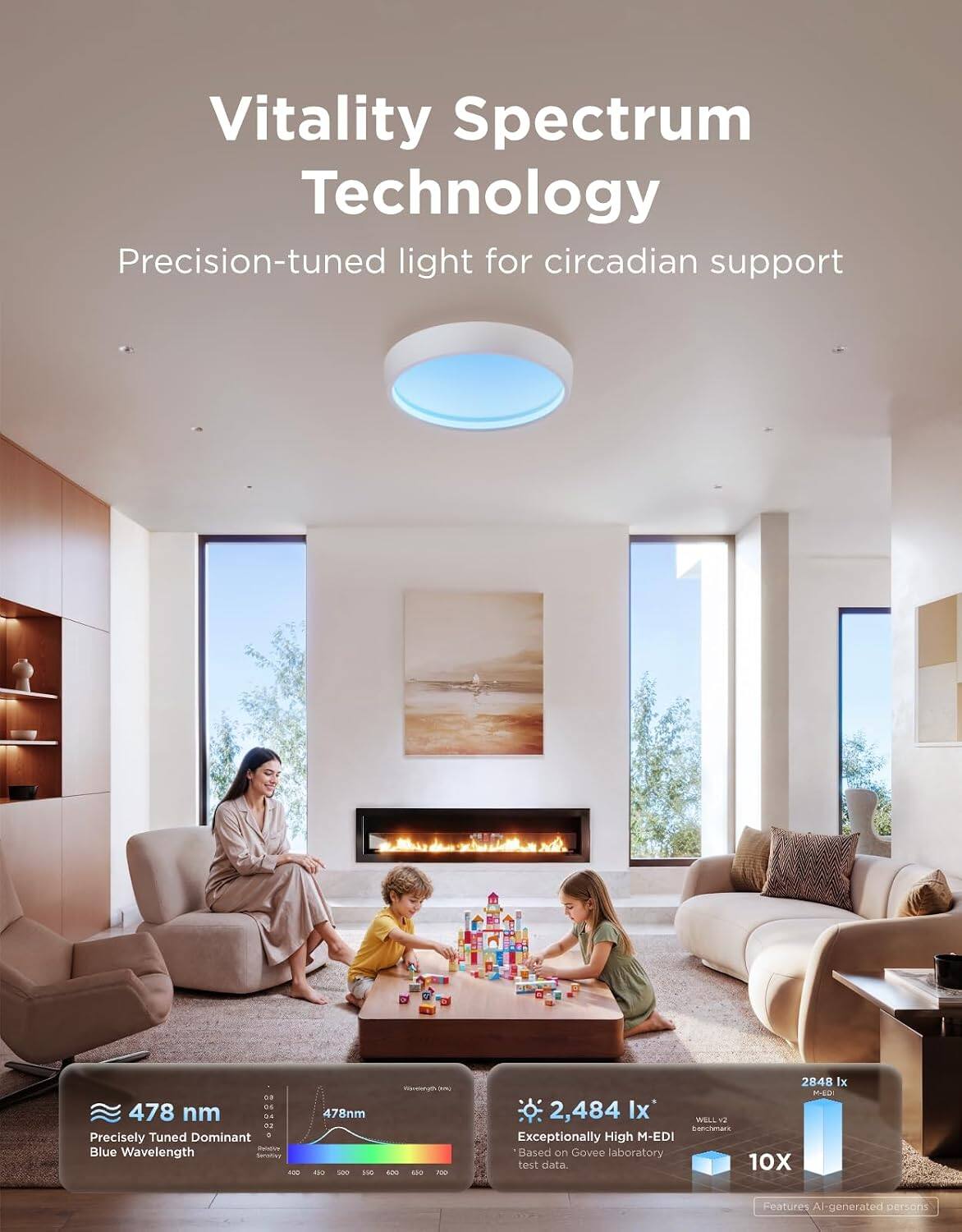 Vitality Spectrum Technology  
Precision-tuned light for circadian support

08 - 478 nm  
Card 22  
Precisely Tuned Dominant - annebock Blue Wavelength servicional 100  
478nm 100 300 500  
Viewerveryon LAVO 100 100  
2848 lx M-SDI 2,484 Ix*  
Exceptionally High M-EDI Based no Govee laboratory test data. 10X  
Features AI-generated persons