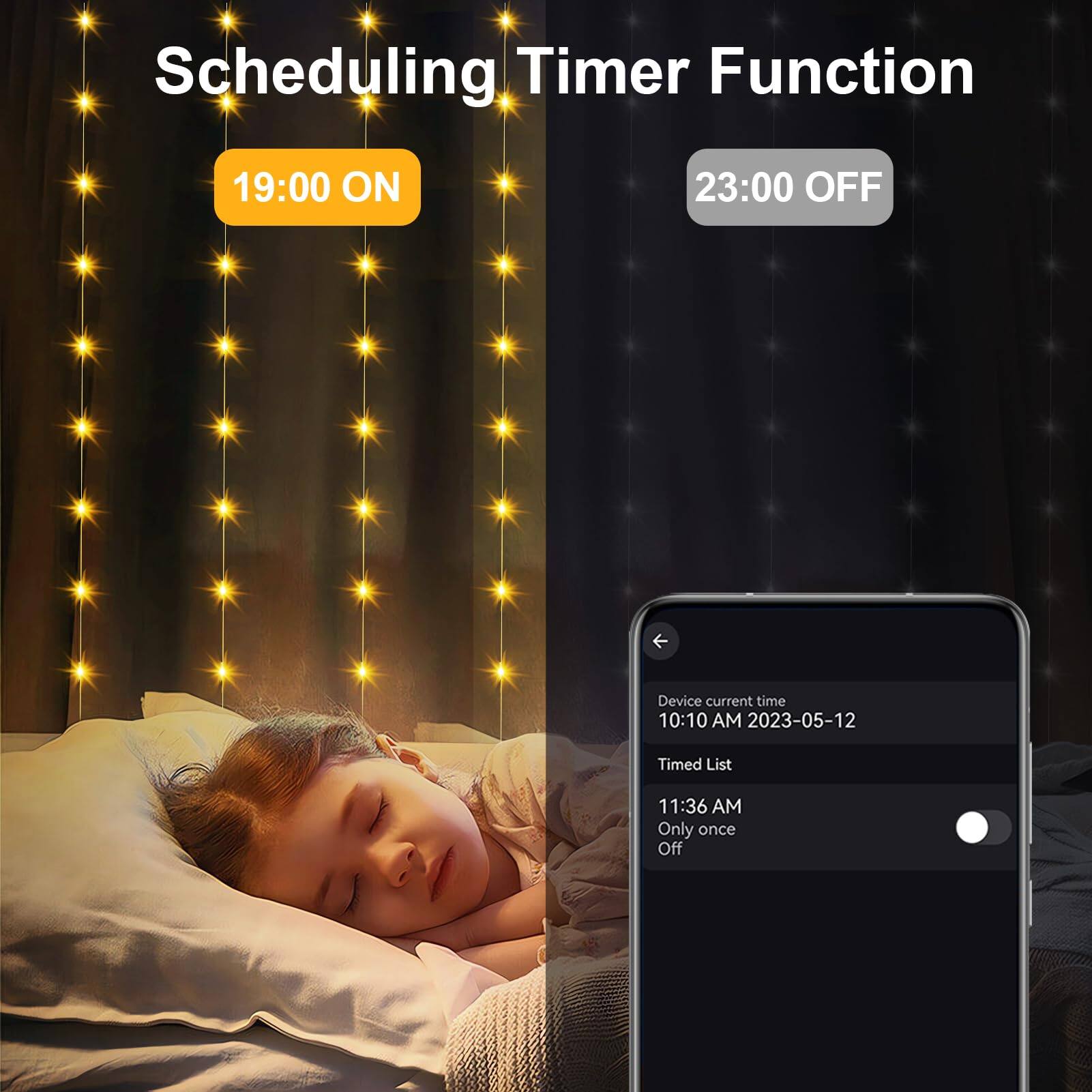 Scheduling Timer Function  
19:00 ON  
23:00 OFF  

Device current time: 10:10 AM 2023-05-12  

Timed List  
11:36 AM  
Only once  
Off
